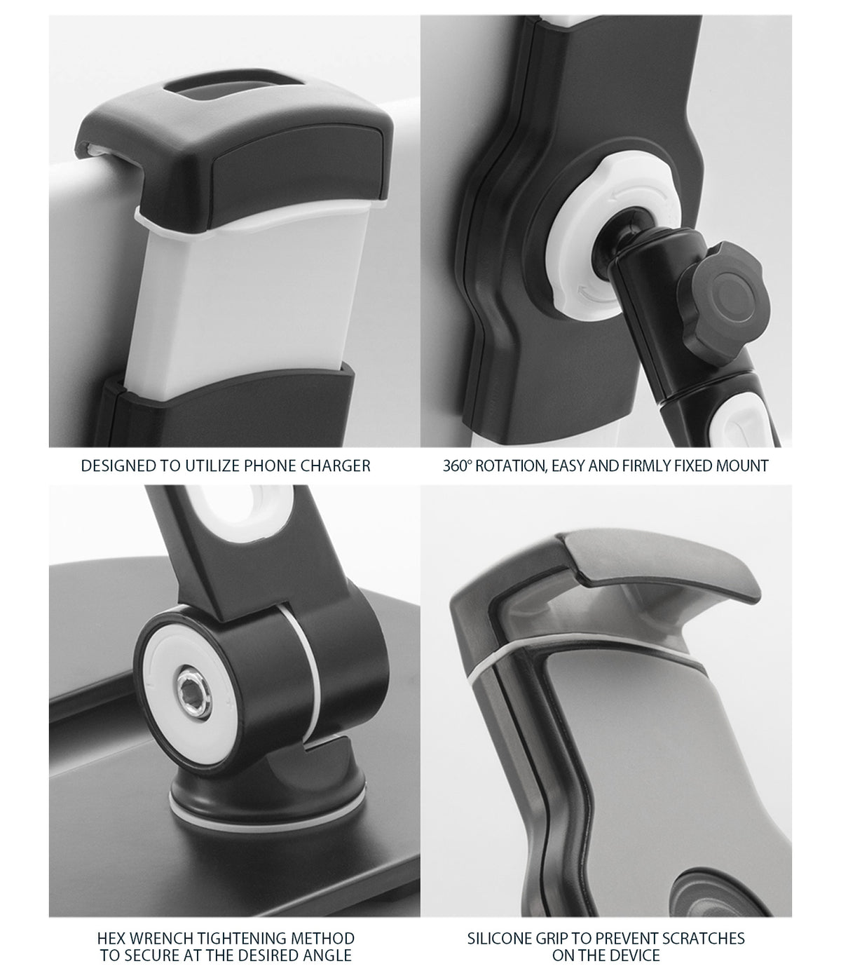 Iron Tablet Stand - Four close-up views showing charging port access, 360-degree rotation, hex wrench adjustment, and silicone grip.