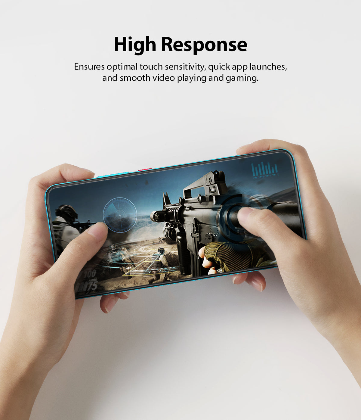 Redmi K30 Pro / Poco F2 Pro Screen Protector | Dual Easy Film - Redmi K30 Pro / Poco F2 Pro Screen Protector - Hands holding a smartphone playing a first-person shooter game.