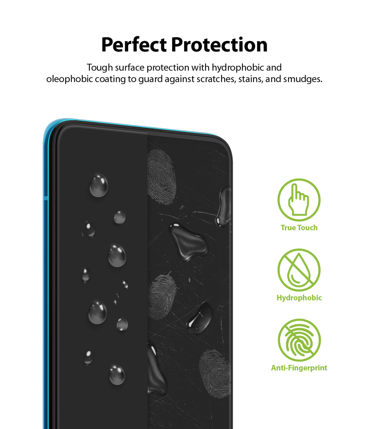 Redmi K30 Pro / Poco F2 Pro Screen Protector | Dual Easy Film - Redmi K30 Pro / Poco F2 Pro Screen Protector - Split screen showing water-repellent film versus smudged, unprotected glass.