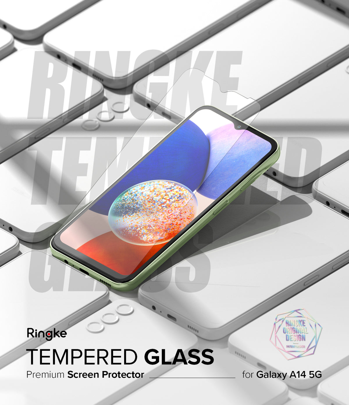 Galaxy A14 Screen Protector | Full Cover Glass - Galaxy A14 Screen Protector - A clear tempered glass screen protector hovering over a green Galaxy A14 smartphone.