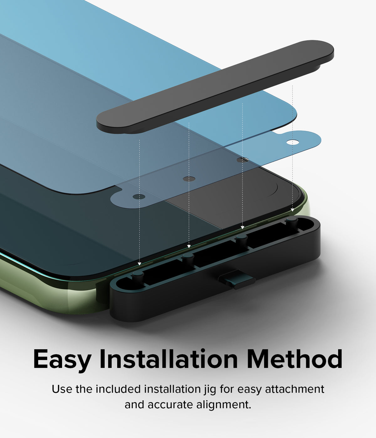 Galaxy A14 Screen Protector | Full Cover Glass - Galaxy A14 Screen Protector - Exploded view showing a screen protector aligning onto a phone using an installation jig.