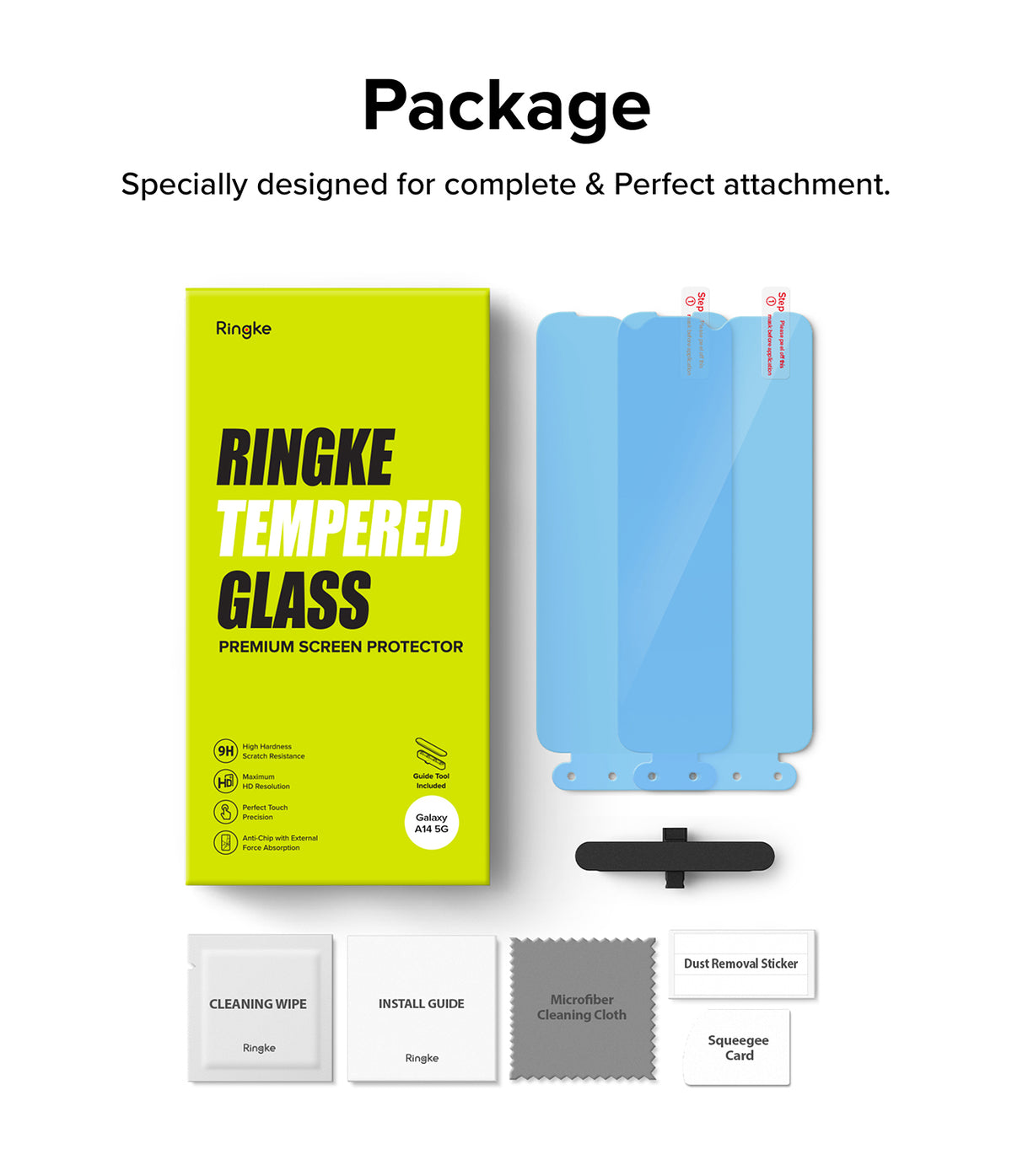 Galaxy A14 Screen Protector | Full Cover Glass - Ringke tempered glass kit with screen protectors, guide tool, and cleaning accessories.