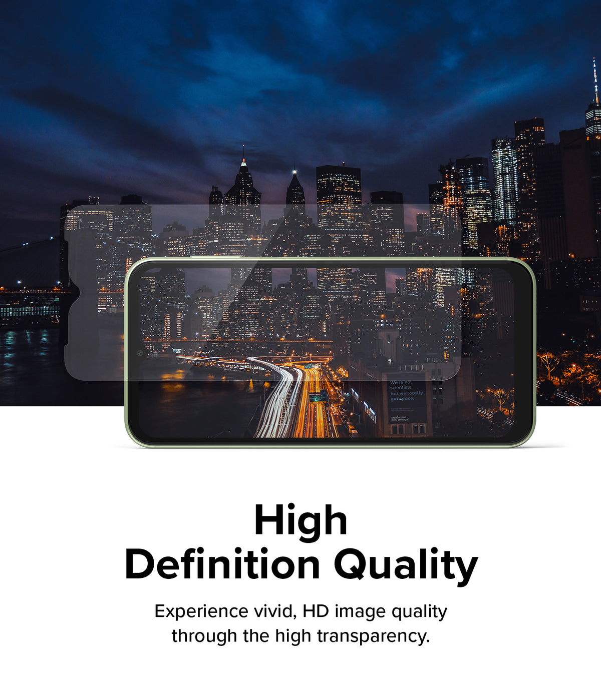 Galaxy A14 Screen Protector | Full Cover Glass - Galaxy A14 Screen Protector - Transparent glass protector hovering over a smartphone displaying a vibrant city night scene.