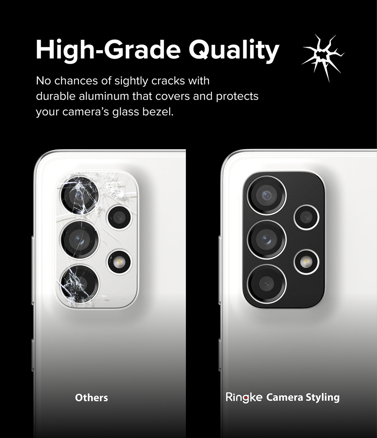 Galaxy A33 5G / A53 5G / A73 5G | Camera Styling - Comparison of a cracked phone camera lens versus one protected by a black aluminum cover.