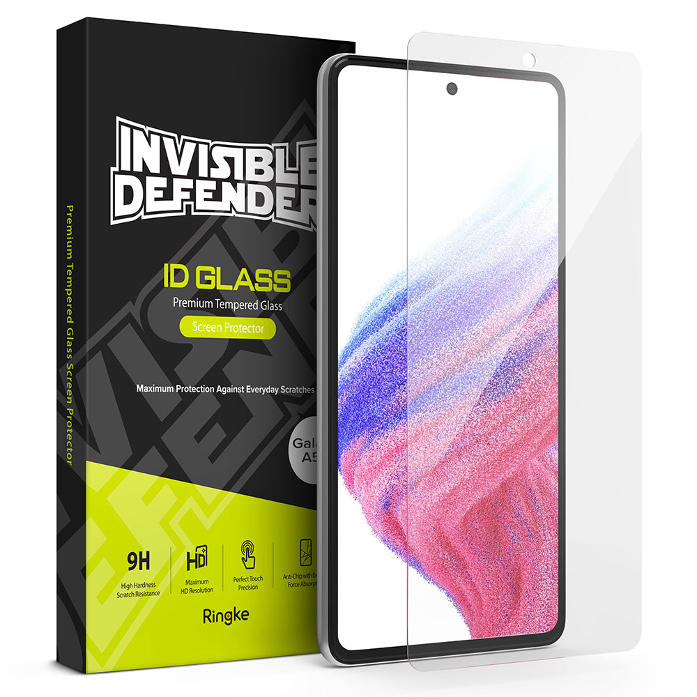 Galaxy A53 5G Screen Protector | Invisible Defender - Tempered glass screen protector next to its branded packaging.
