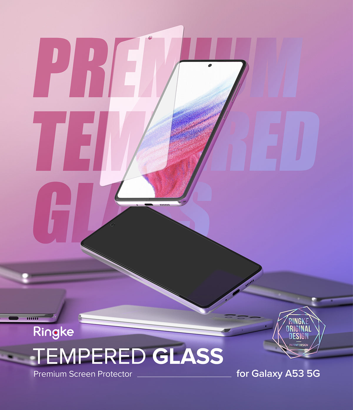 Galaxy A53 5G Screen Protector | Invisible Defender - Galaxy A53 5G Screen Protector - Tempered glass sheet hovering above a Galaxy A53 5G smartphone against a purple background.