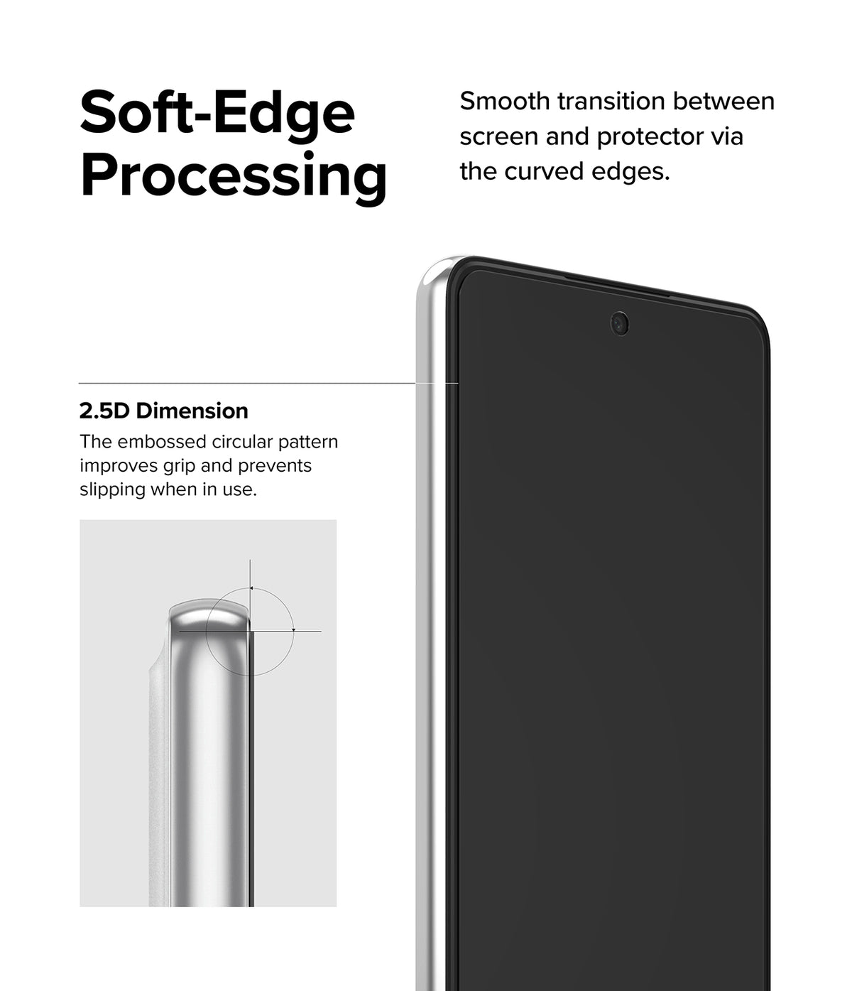 Galaxy A53 5G Screen Protector | Invisible Defender - Galaxy A53 5G Screen Protector - Close-up of a smartphone with a 2.5D curved edge screen protector and soft-edge processing.