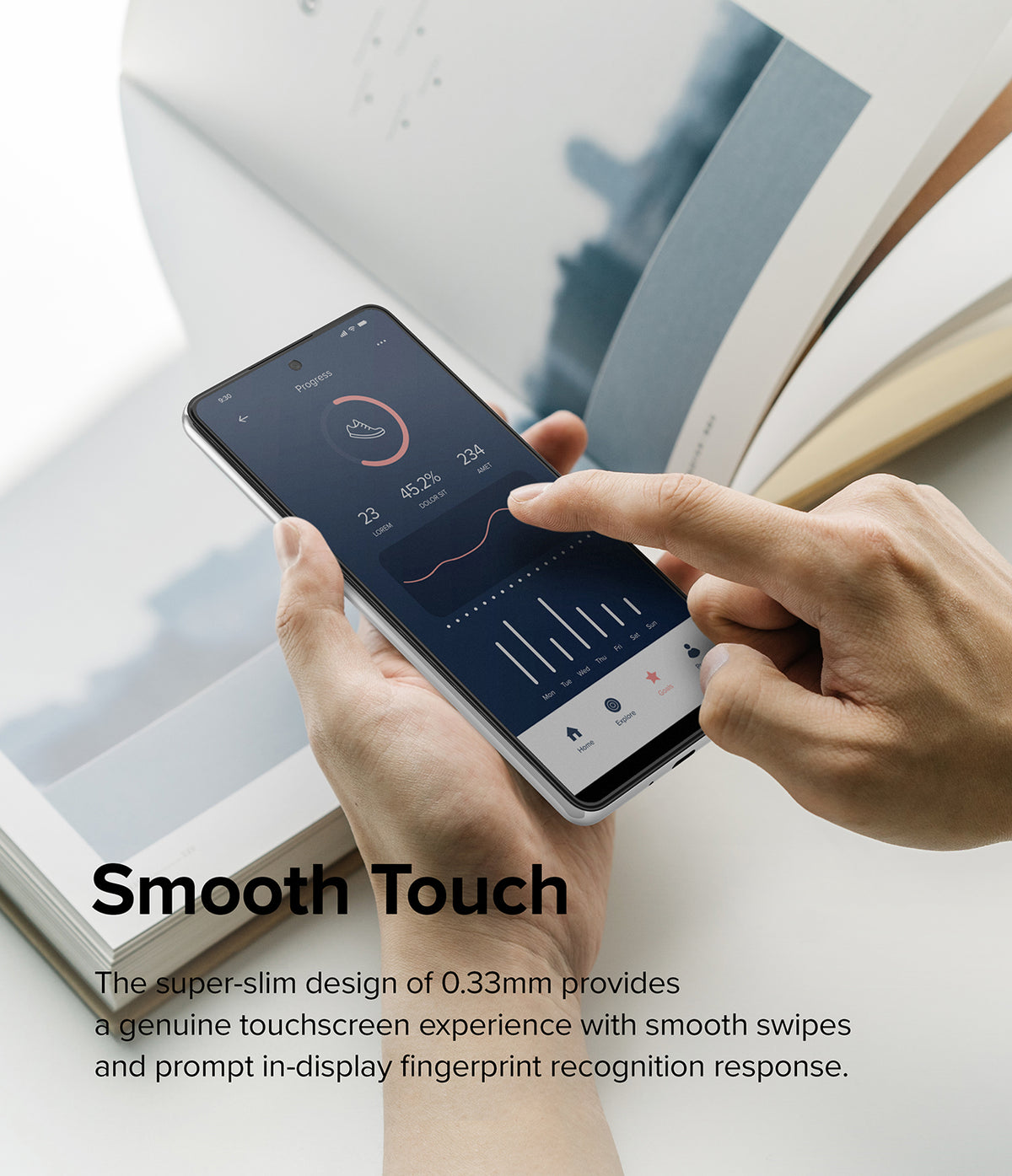 Galaxy A53 5G Screen Protector | Invisible Defender - Galaxy A53 5G Screen Protector - Hands holding a smartphone with a fitness app interface, demonstrating smooth touch response.