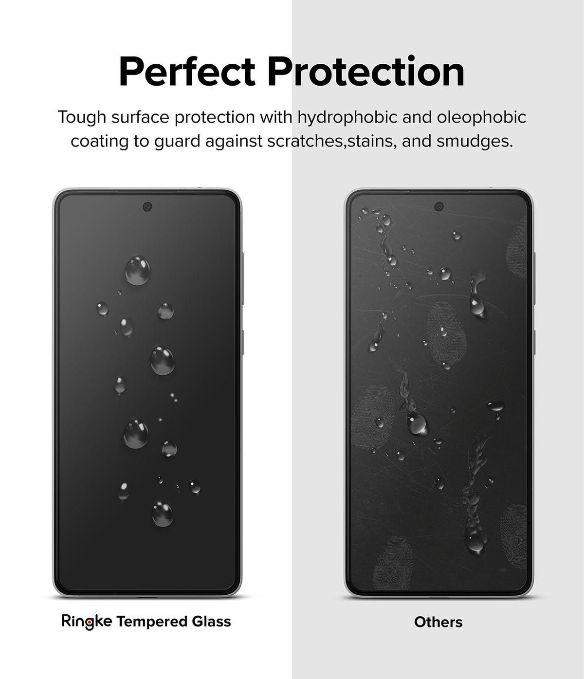 Galaxy A53 5G Screen Protector | Invisible Defender - Galaxy A53 5G Screen Protector - Comparison showing clean Ringke tempered glass versus a smudged, scratched screen.