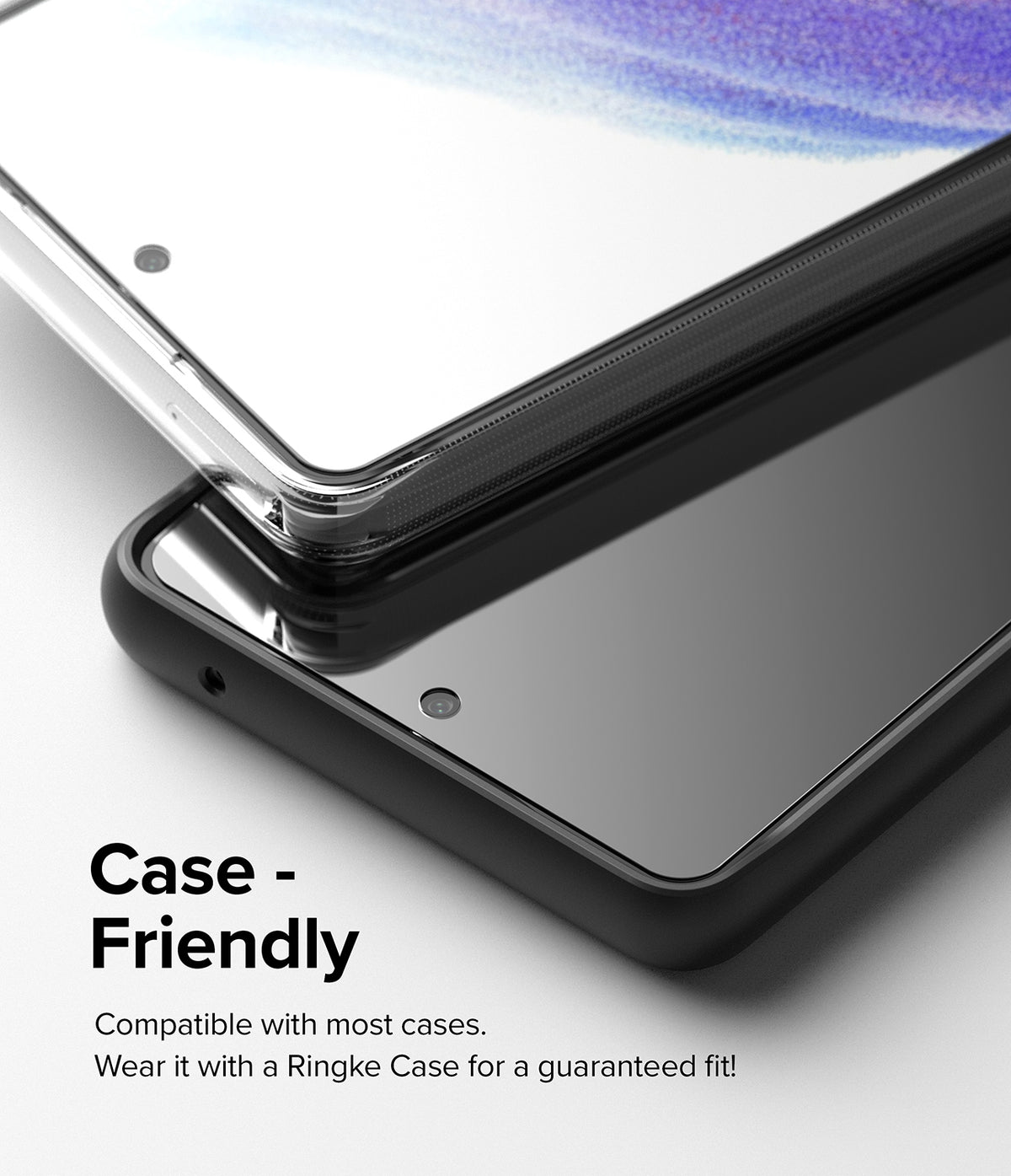 Galaxy A53 5G Screen Protector | Invisible Defender - Galaxy A53 5G Screen Protector - Close-up of a smartphone with a screen protector installed, showing case-friendly design.