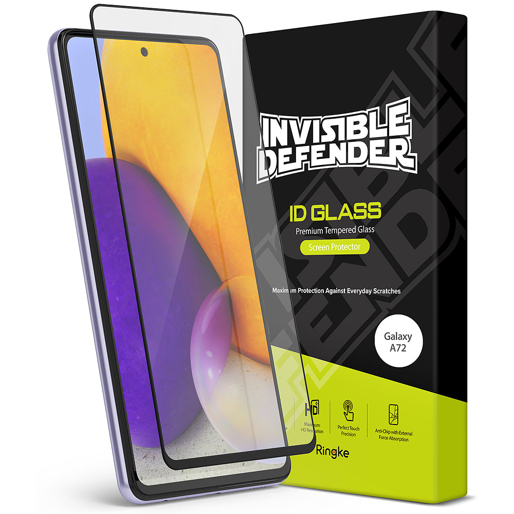 Galaxy A72 Screen Protector | Invisible Defender - Galaxy A72 Screen Protector - Tempered glass protector hovering over a Galaxy A72 smartphone next to its product packaging.