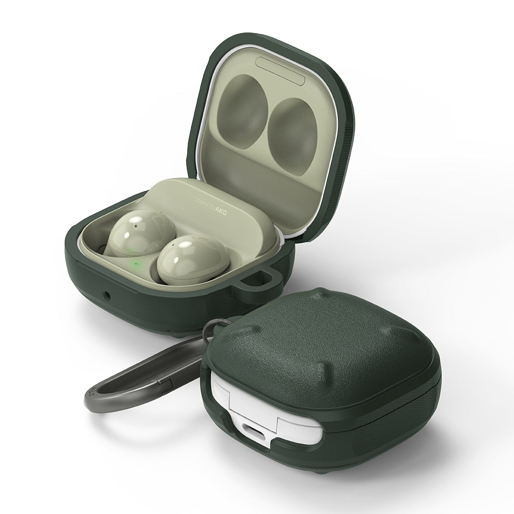 GIFT SET | Galaxy Buds2 Pro / Buds 2 / Buds Pro / Buds Live - Open and closed olive green protective cases for earbuds.