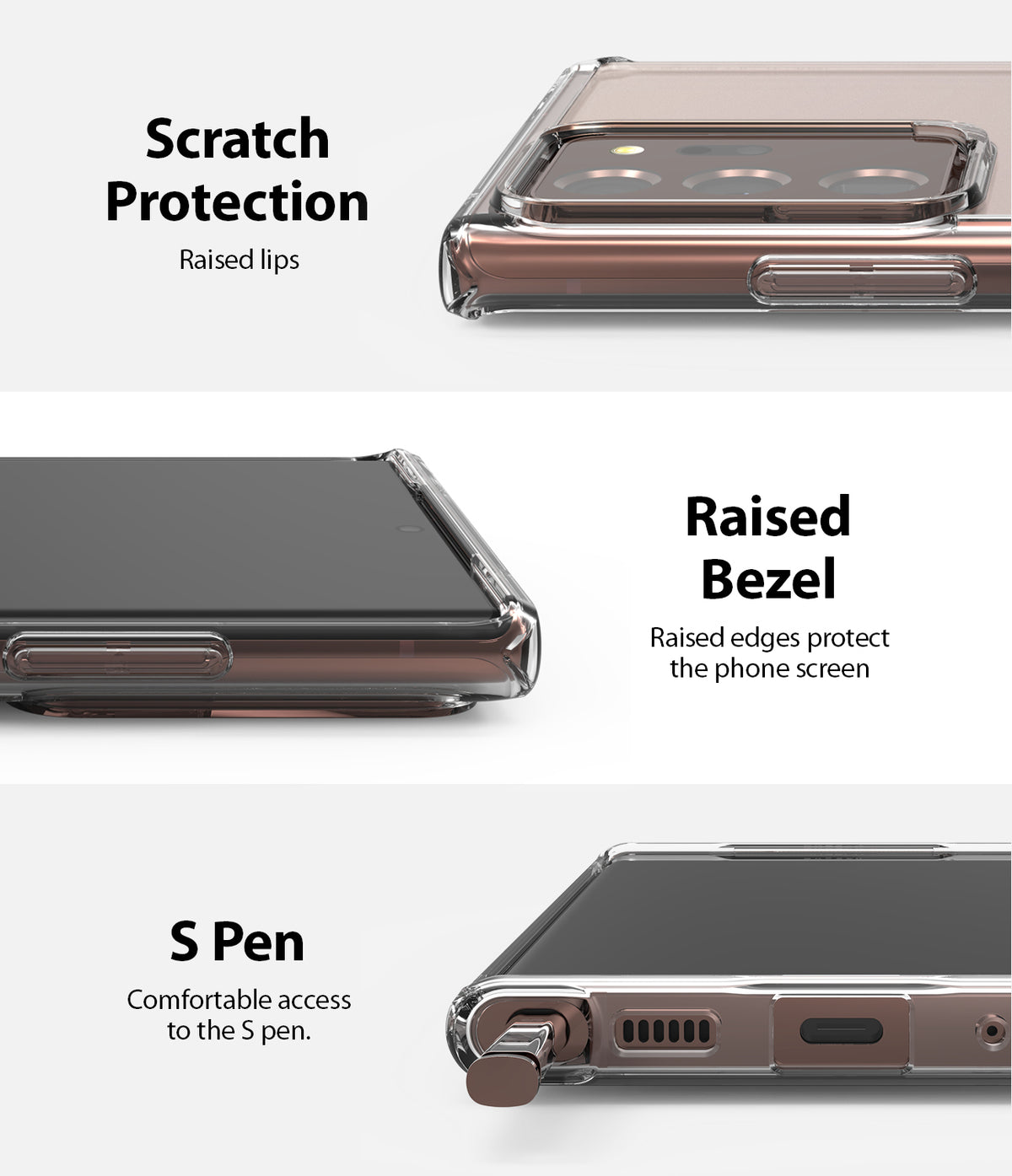 Galaxy Note 20 Ultra Case | Fusion Matte - Close-ups showing raised camera lips, screen bezels, and S Pen access.