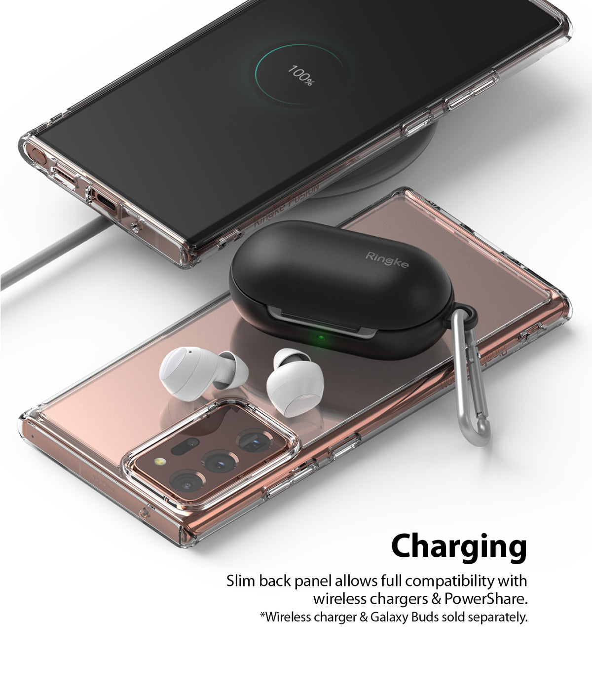 Galaxy Note 20 Ultra Case | Fusion Matte - Phone charging wirelessly while powering earbuds on its back panel.