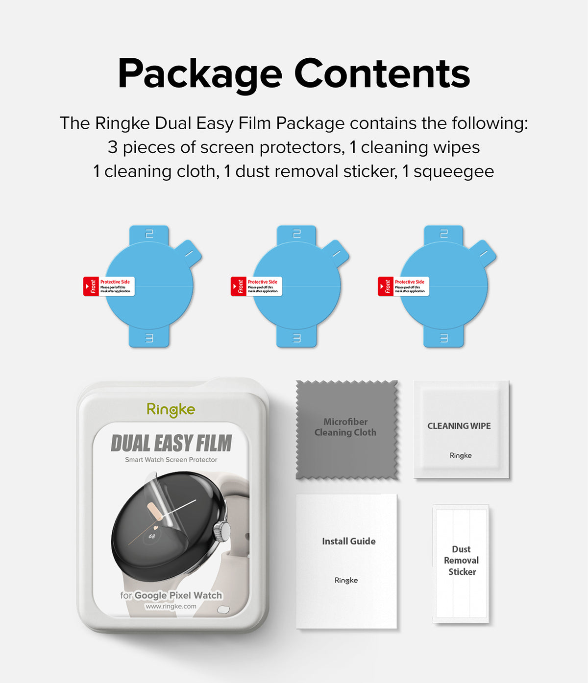 Google Pixel Watch 2 / 1 Screen Protector | Dual Easy Film (3P) - Google Pixel Watch 2 / 1 Screen Protector - Package contents showing three circular screen films, wipes, cloth, and guide.