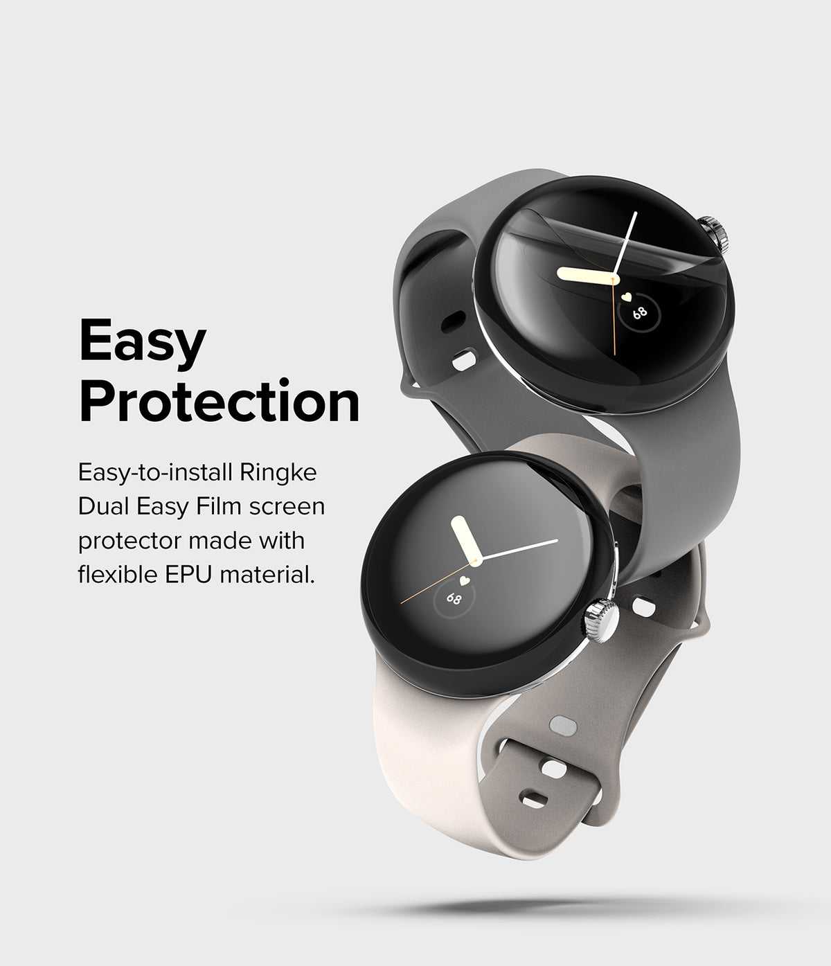 Google Pixel Watch 2 / 1 Screen Protector | Dual Easy Film (3P) - Google Pixel Watch 2 / 1 Screen Protector - Two smartwatches with flexible screen film being applied to the display.