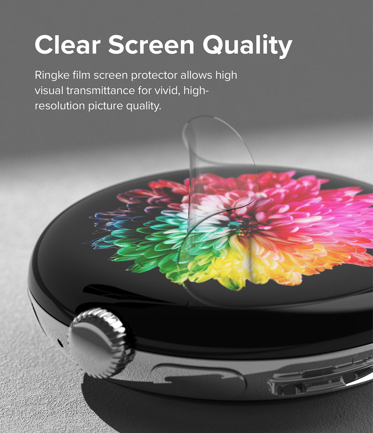 Google Pixel Watch 2 / 1 Screen Protector | Dual Easy Film (3P) - Google Pixel Watch 2 / 1 Screen Protector - A clear film being applied to a smartwatch screen displaying a colorful flower.