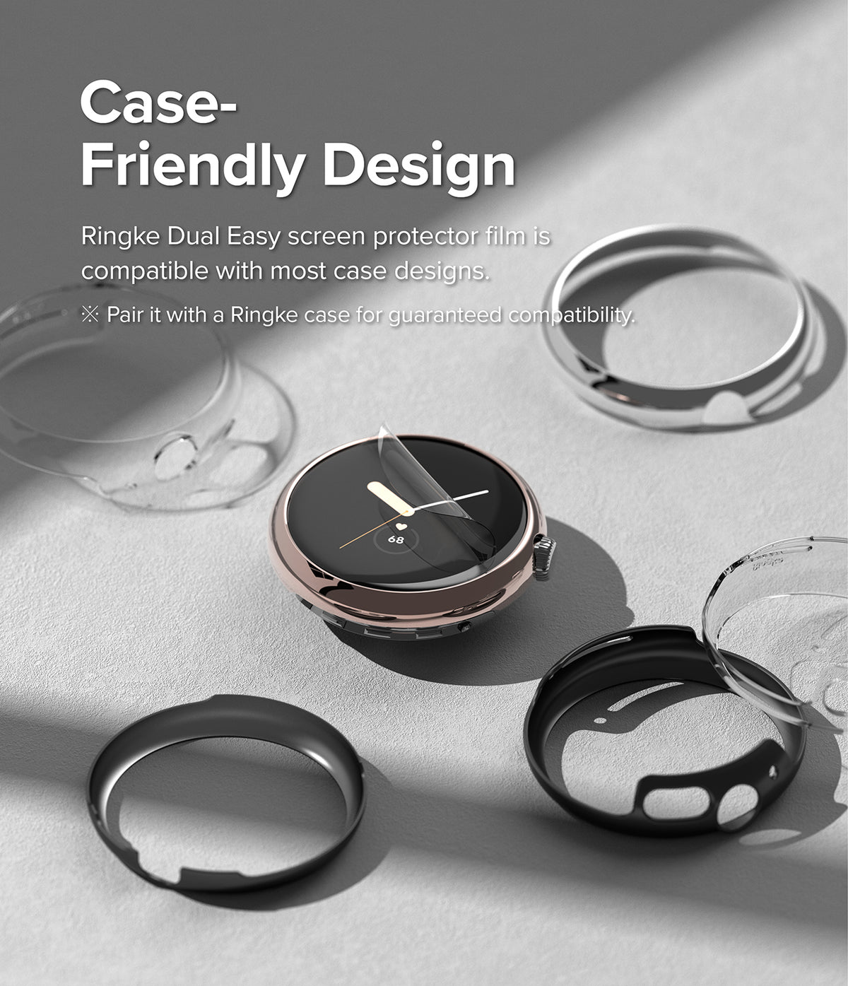 Google Pixel Watch 2 / 1 Screen Protector | Dual Easy Film (3P) - Google Pixel Watch 2 / 1 Screen Protector - A smartwatch with a screen film being applied, surrounded by various cases.