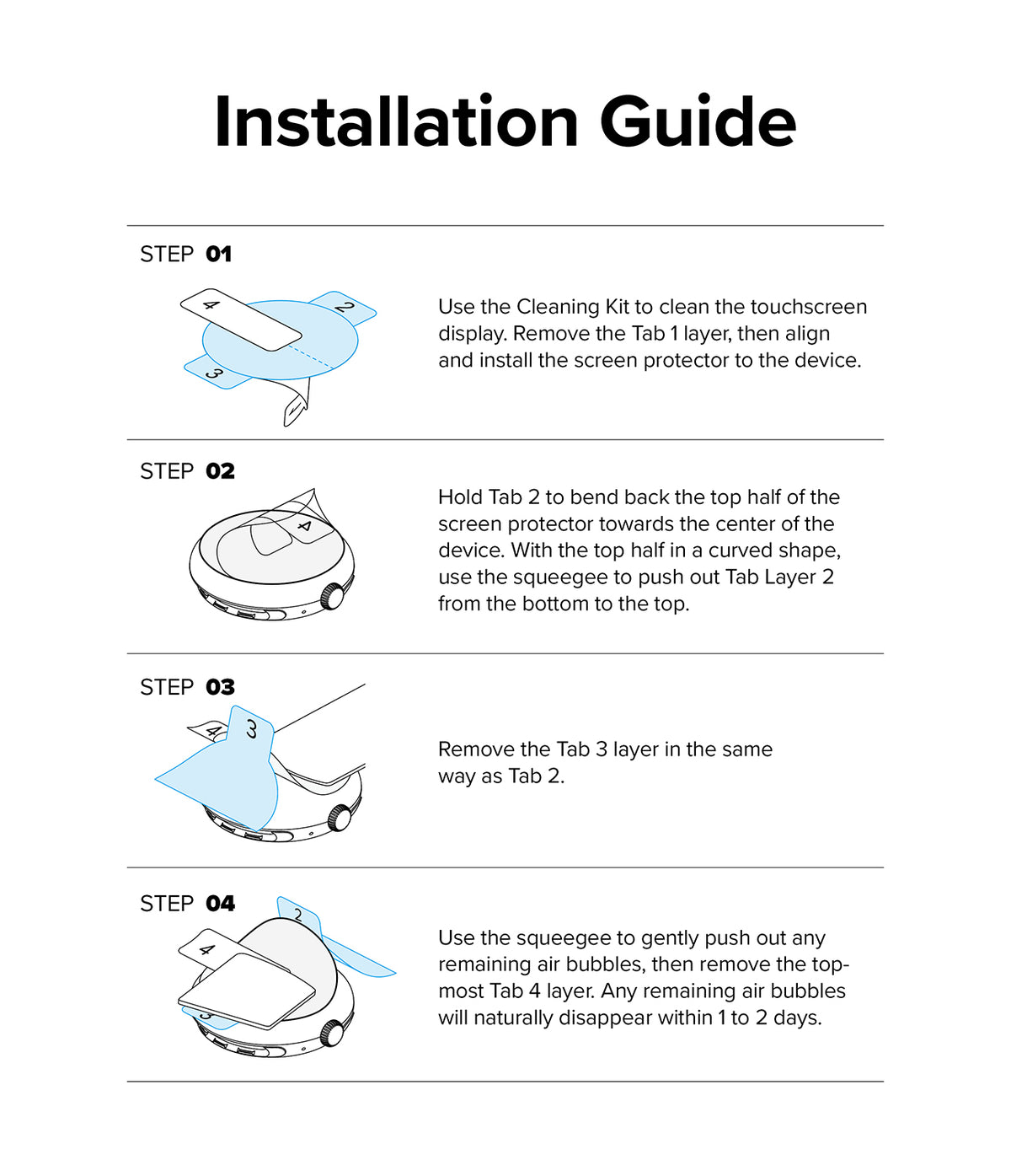 Google Pixel Watch 2 / 1 Screen Protector | Dual Easy Film (3P) - Google Pixel Watch 2 / 1 Screen Protector - Four-step illustrated guide showing how to apply the film to a smartwatch.
