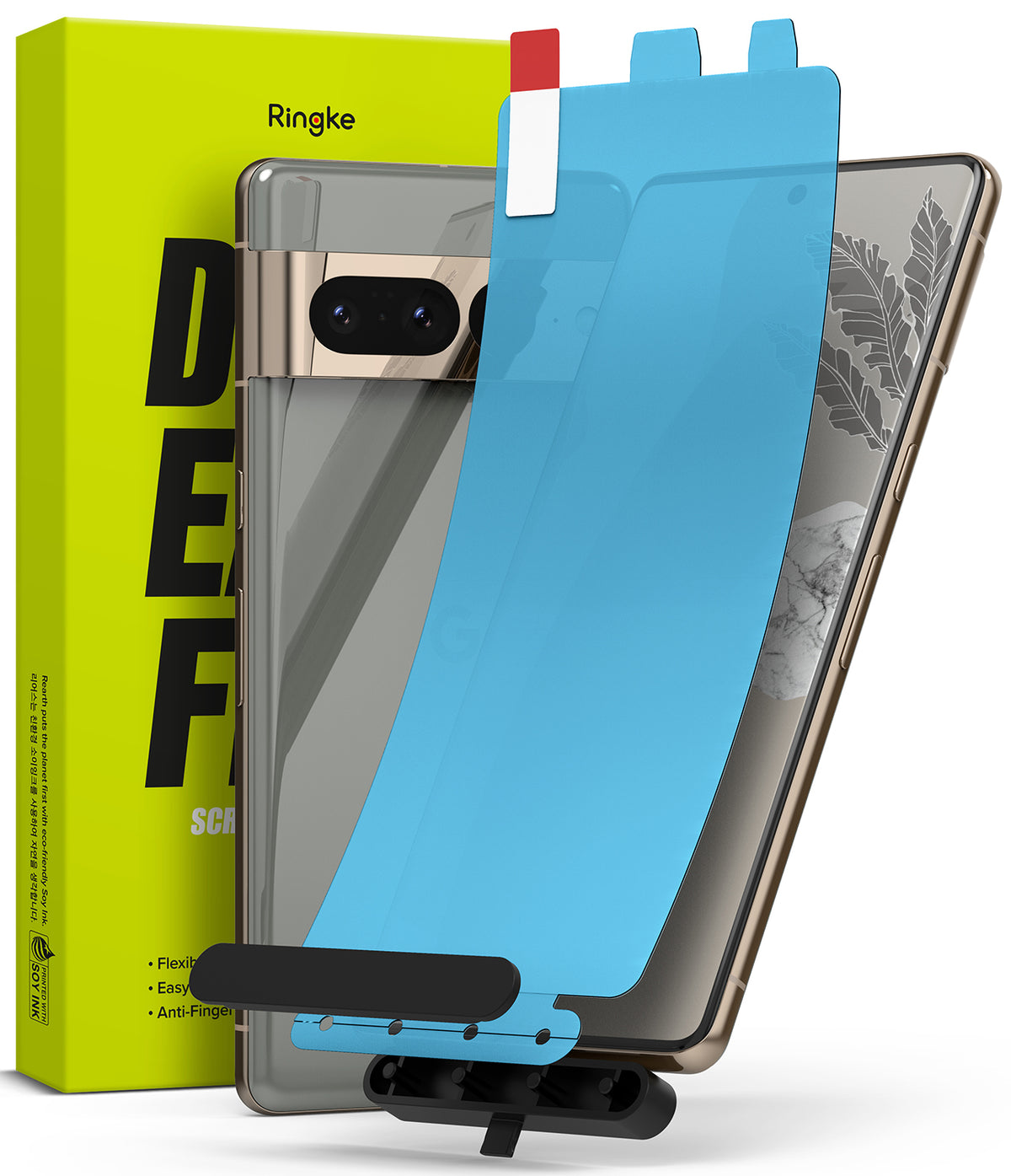 Google Pixel 7 Pro Screen Protector | Dual Easy Film - A blue screen protector film being applied to a Pixel 7 Pro.