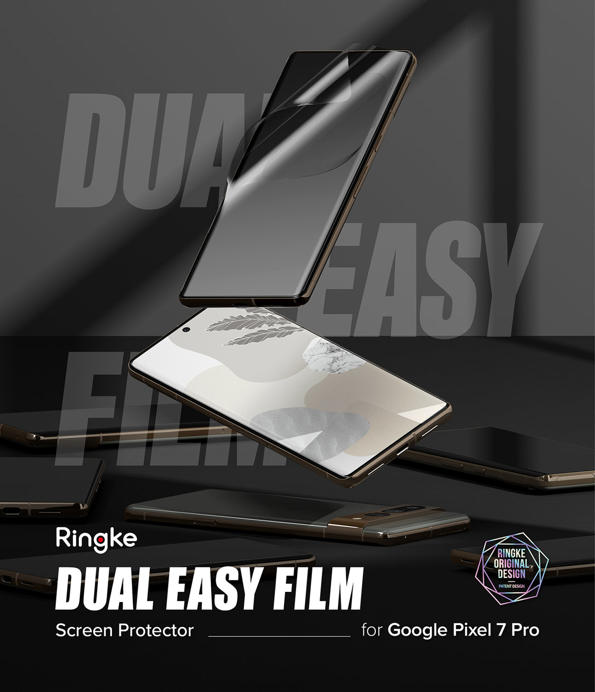 Google Pixel 7 Pro Screen Protector | Dual Easy Film - A screen protector being applied to a smartphone against a dark background.