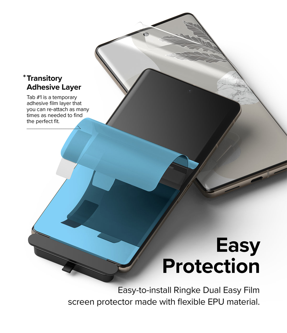 Google Pixel 7 Pro Screen Protector | Dual Easy Film - A blue adhesive tab being peeled off a phone screen protector.