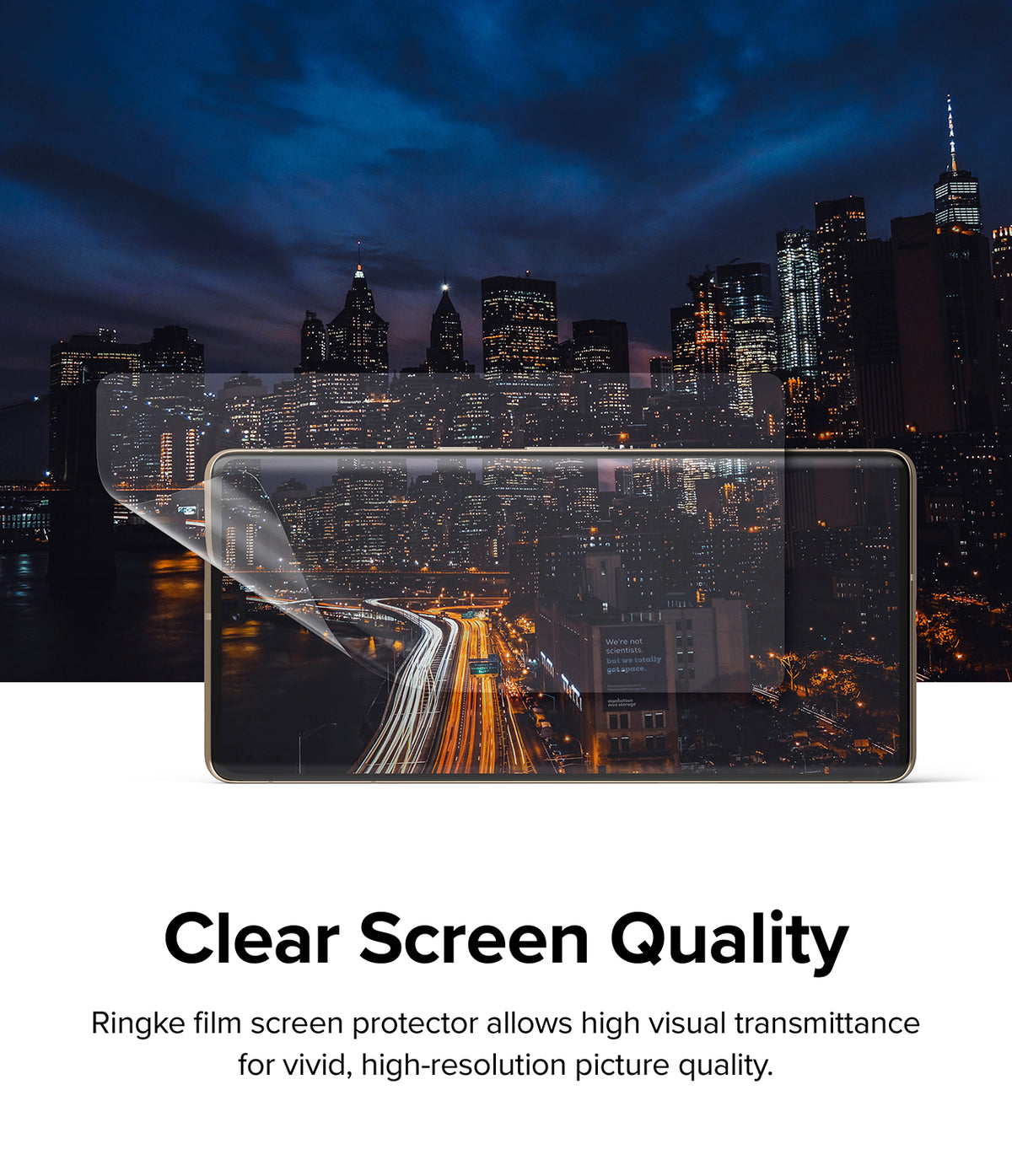 Google Pixel 7 Pro Screen Protector | Dual Easy Film - Transparent screen protector film peeling over a city night view.