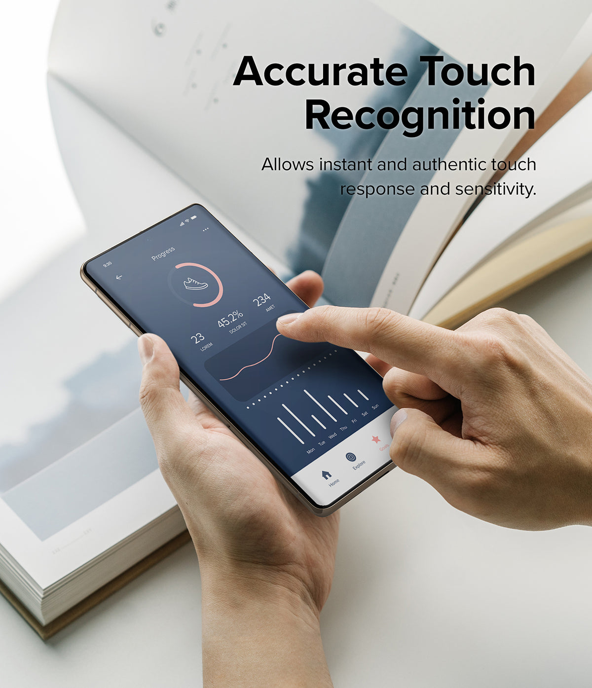 Google Pixel 7 Pro Screen Protector | Dual Easy Film - Google Pixel 7 Pro Screen Protector - Hand touching a smartphone screen displaying a fitness app interface.