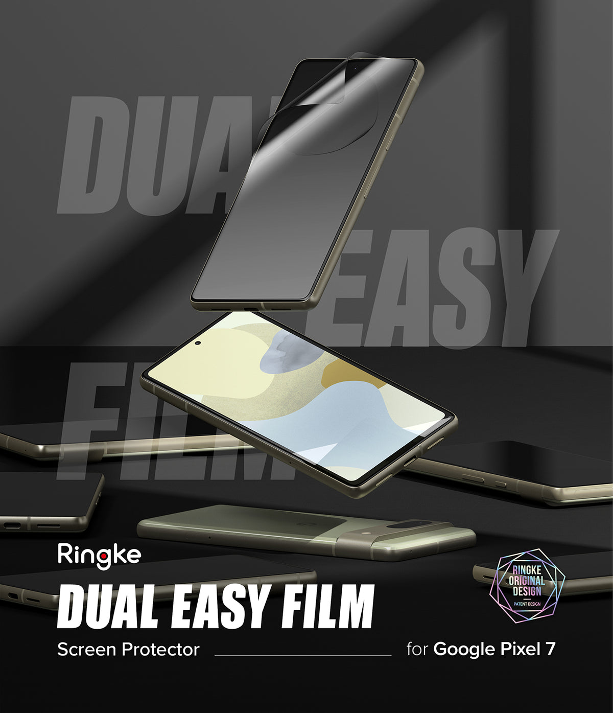 Google Pixel 7 Screen Protector | Dual Easy Film - A screen protector being applied to a Google Pixel 7 smartphone.