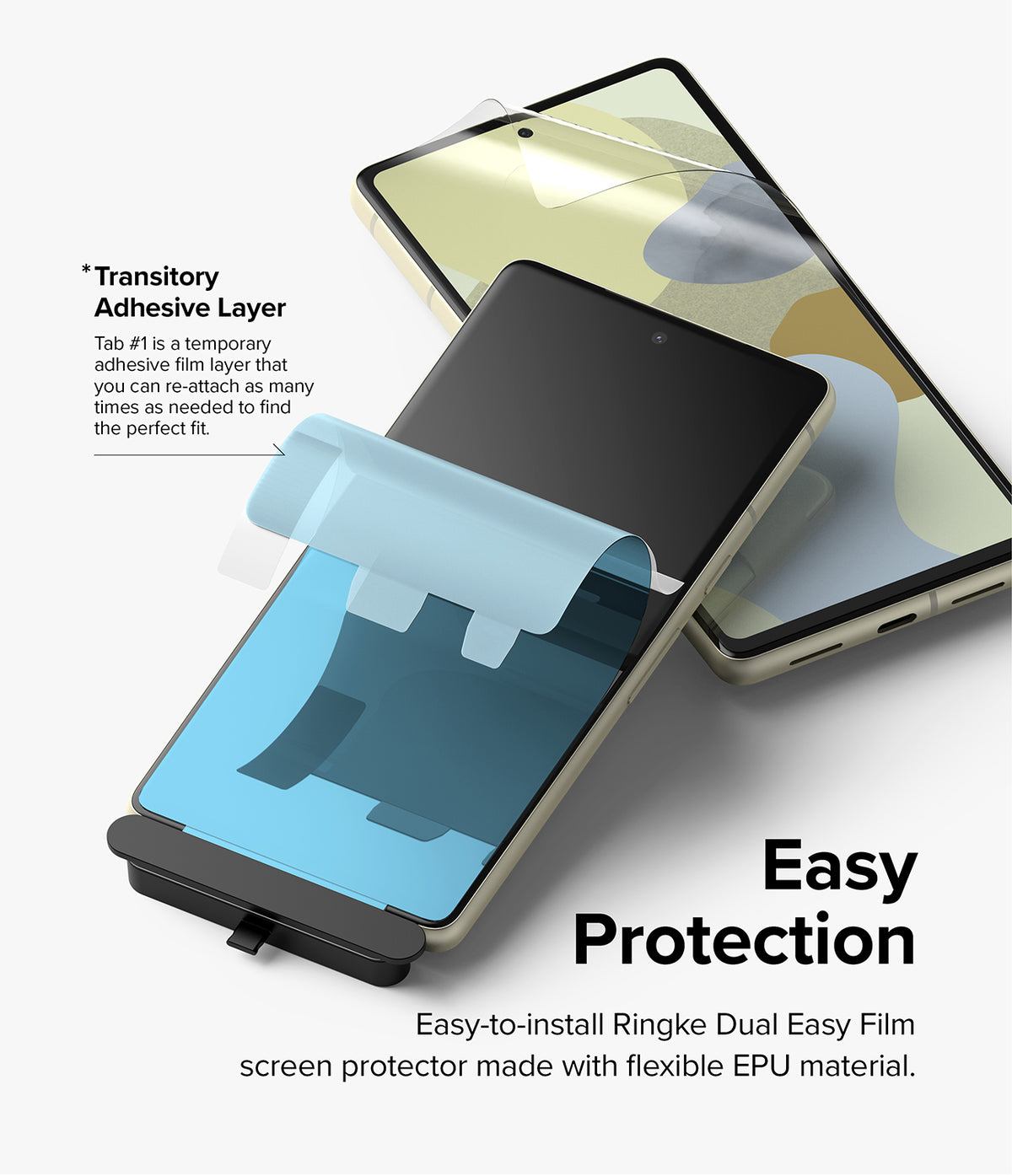 Google Pixel 7 Screen Protector | Dual Easy Film - Diagram showing a screen protector being applied to a smartphone.