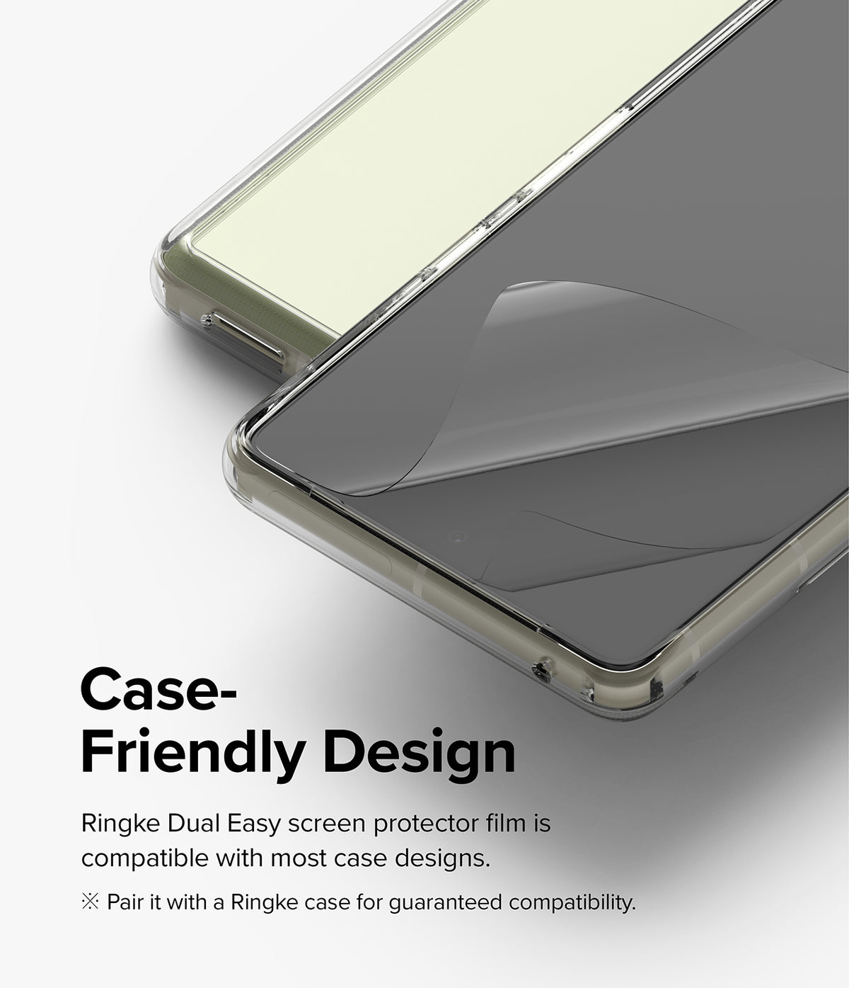 Google Pixel 7 Screen Protector | Dual Easy Film - Clear screen protector film being applied to a smartphone.