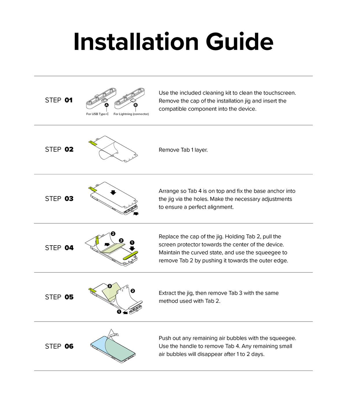Google Pixel 7 Screen Protector | Dual Easy Film - Six-step illustrated installation guide for a screen protector.