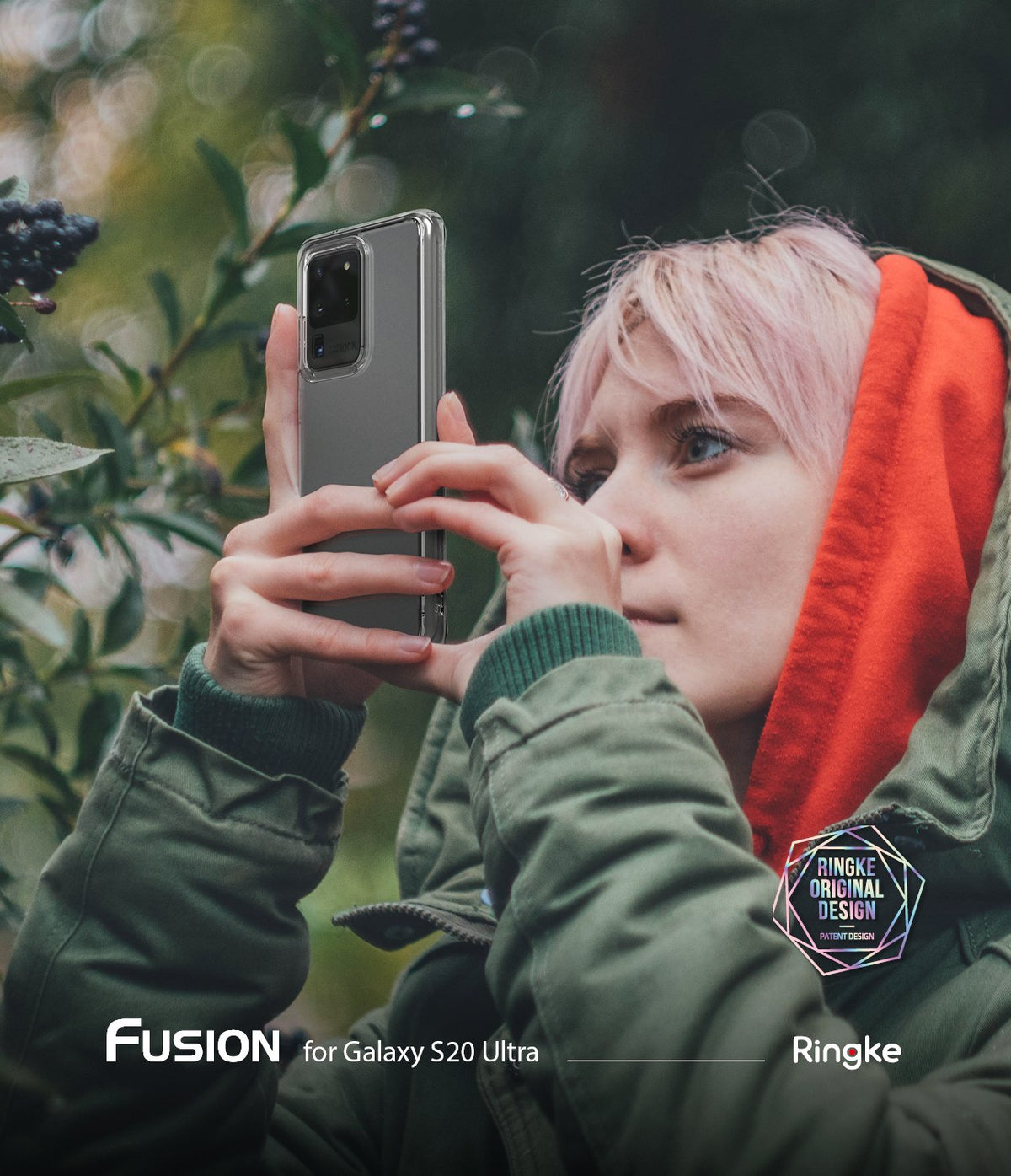 Galaxy S20 Ultra Case | Fusion Matte - Person with pink hair in a green jacket taking a photo with a clear phone case.