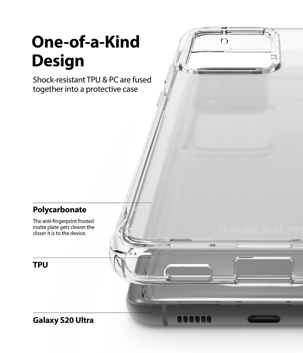 Galaxy S20 Ultra Case | Fusion Matte - Close-up of a clear, frosted phone case showing TPU and polycarbonate layers.