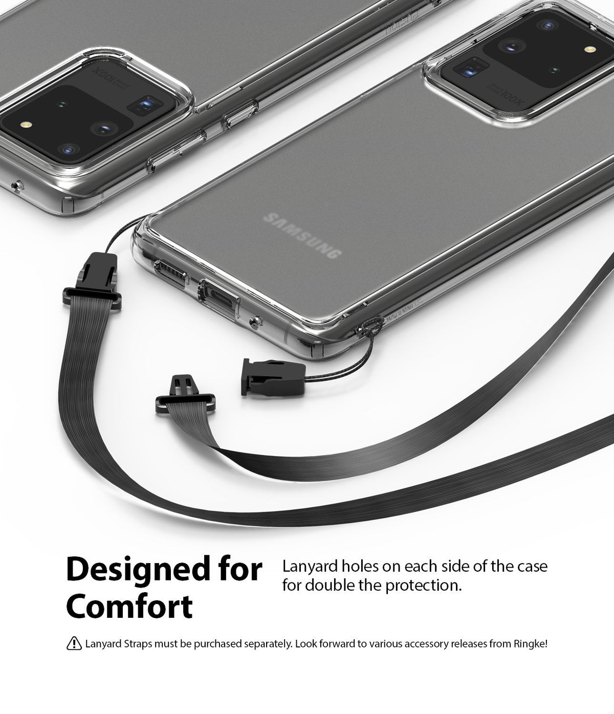 Galaxy S20 Ultra Case | Fusion Matte - Two matte clear phone cases with black lanyard straps attached to side holes.