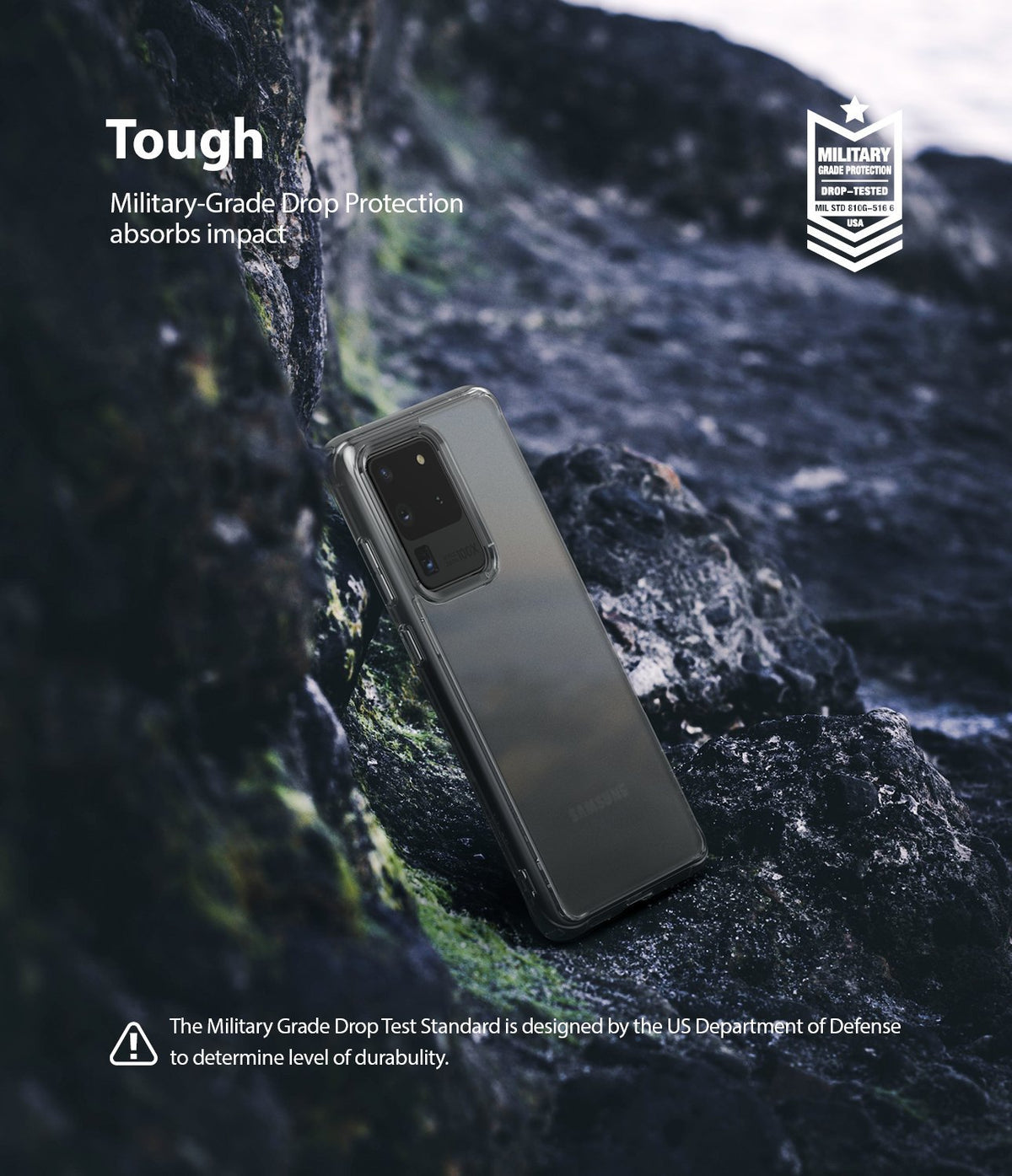 Galaxy S20 Ultra Case | Fusion Matte - Matte phone case on rocky terrain with military-grade drop protection text.