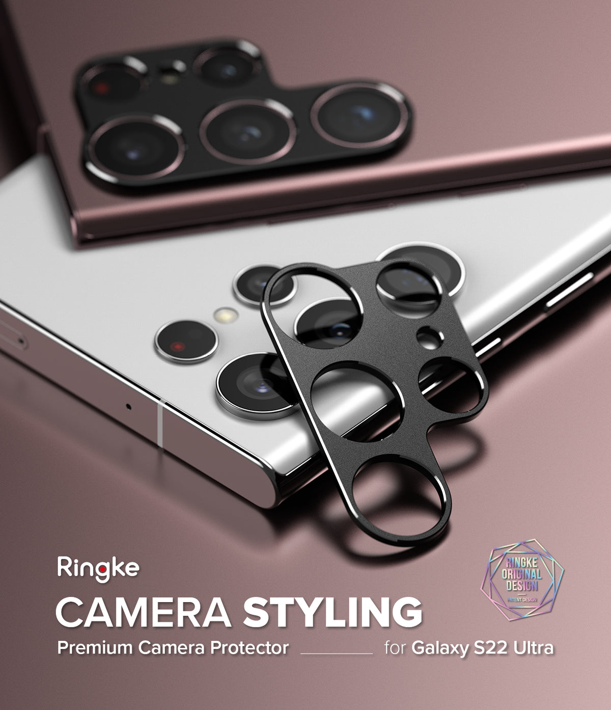 Galaxy S22 Ultra | Camera Styling - Black metal camera lens protector frame resting on a white Galaxy S22 Ultra smartphone.