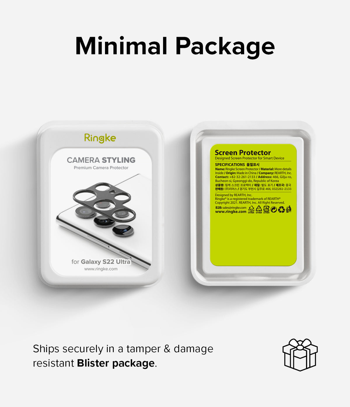 Galaxy S22 Ultra | Camera Styling - Two white blister packs for Ringke camera protectors on a light gray background.