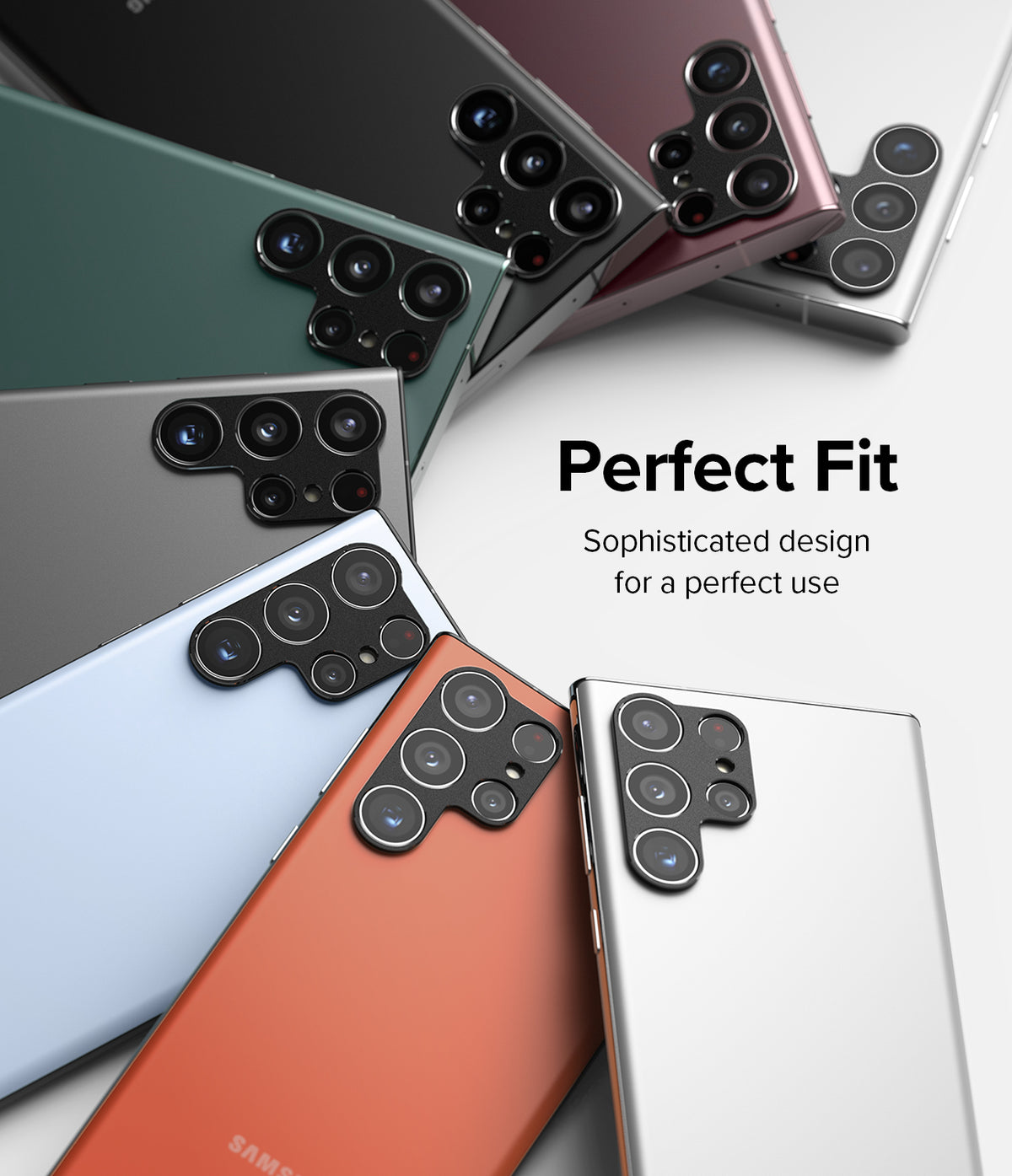 Galaxy S22 Ultra | Camera Styling - Multiple Galaxy S22 Ultra phones in various colors arranged in a fan shape with camera lens protectors.