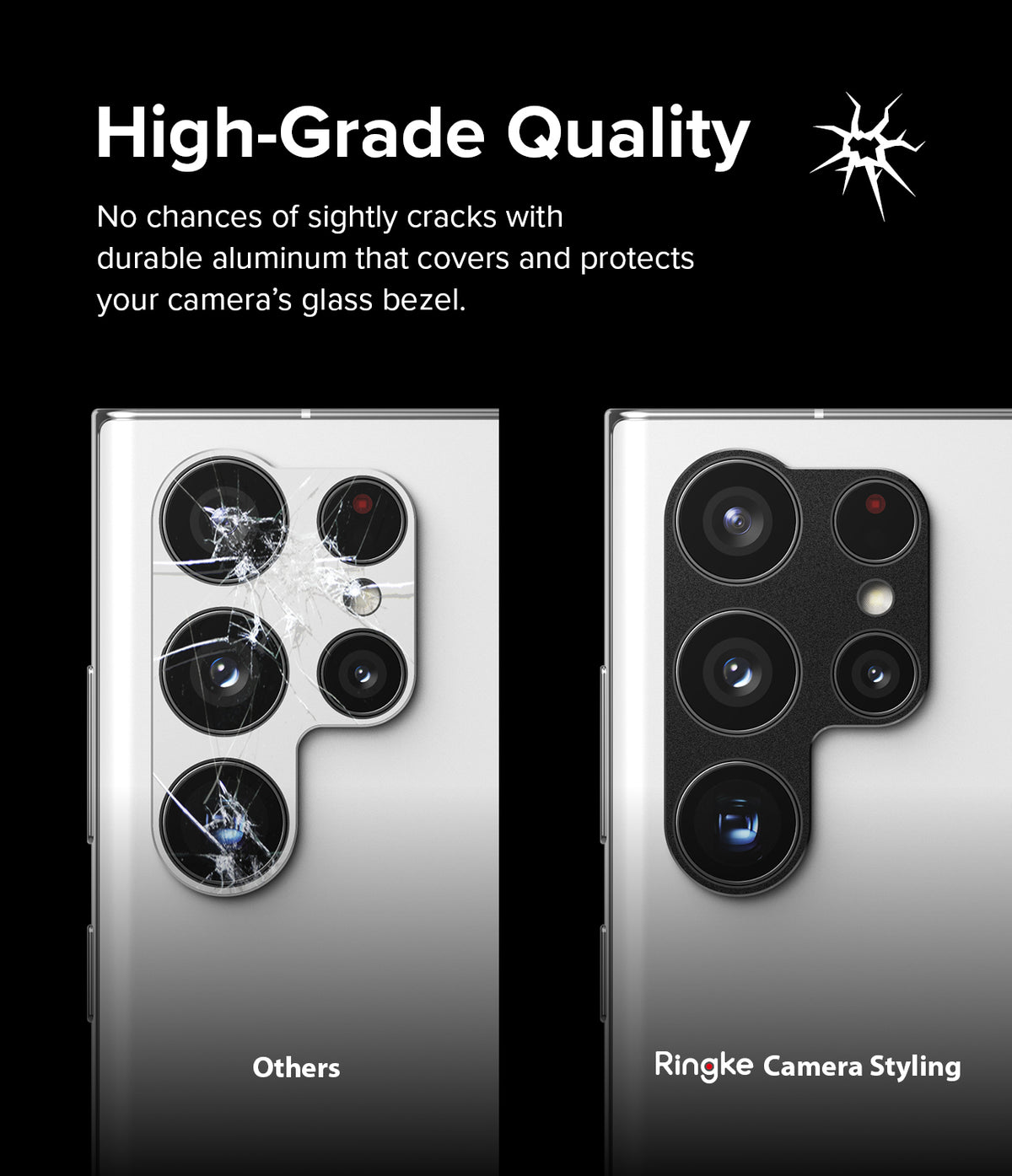 Galaxy S22 Ultra | Camera Styling - Comparison of a cracked phone camera lens versus one protected by a durable aluminum cover.