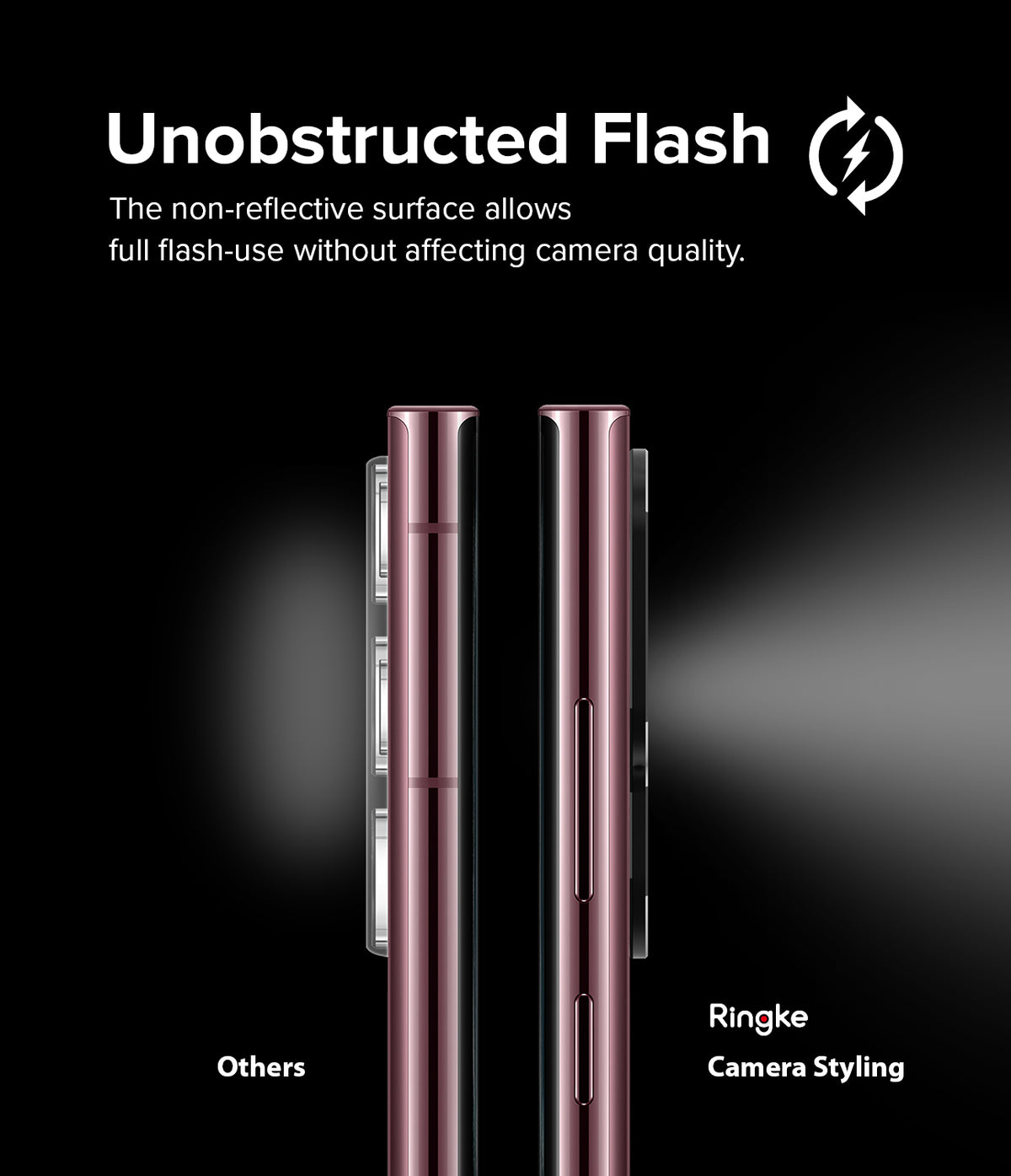 Galaxy S22 Ultra | Camera Styling - Comparison showing clear flash usage with Ringke styling versus obstructed flash.