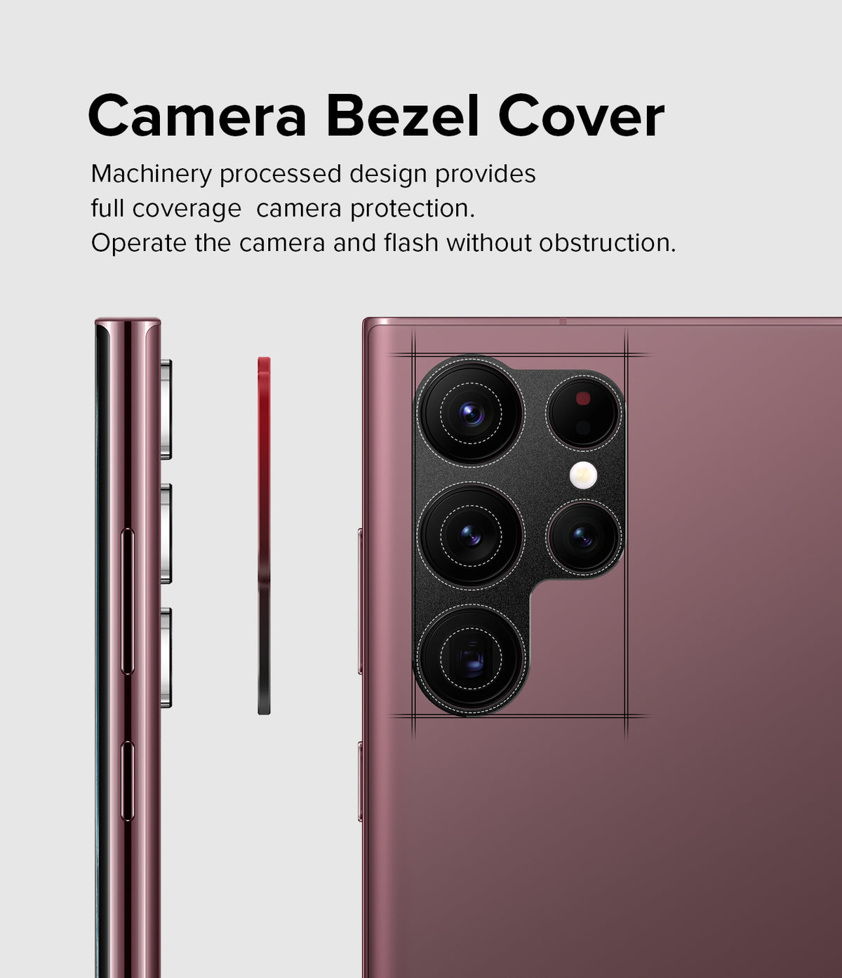 Galaxy S22 Ultra | Camera Styling - A protective bezel cover being applied to the rear camera lenses of a rose gold phone.