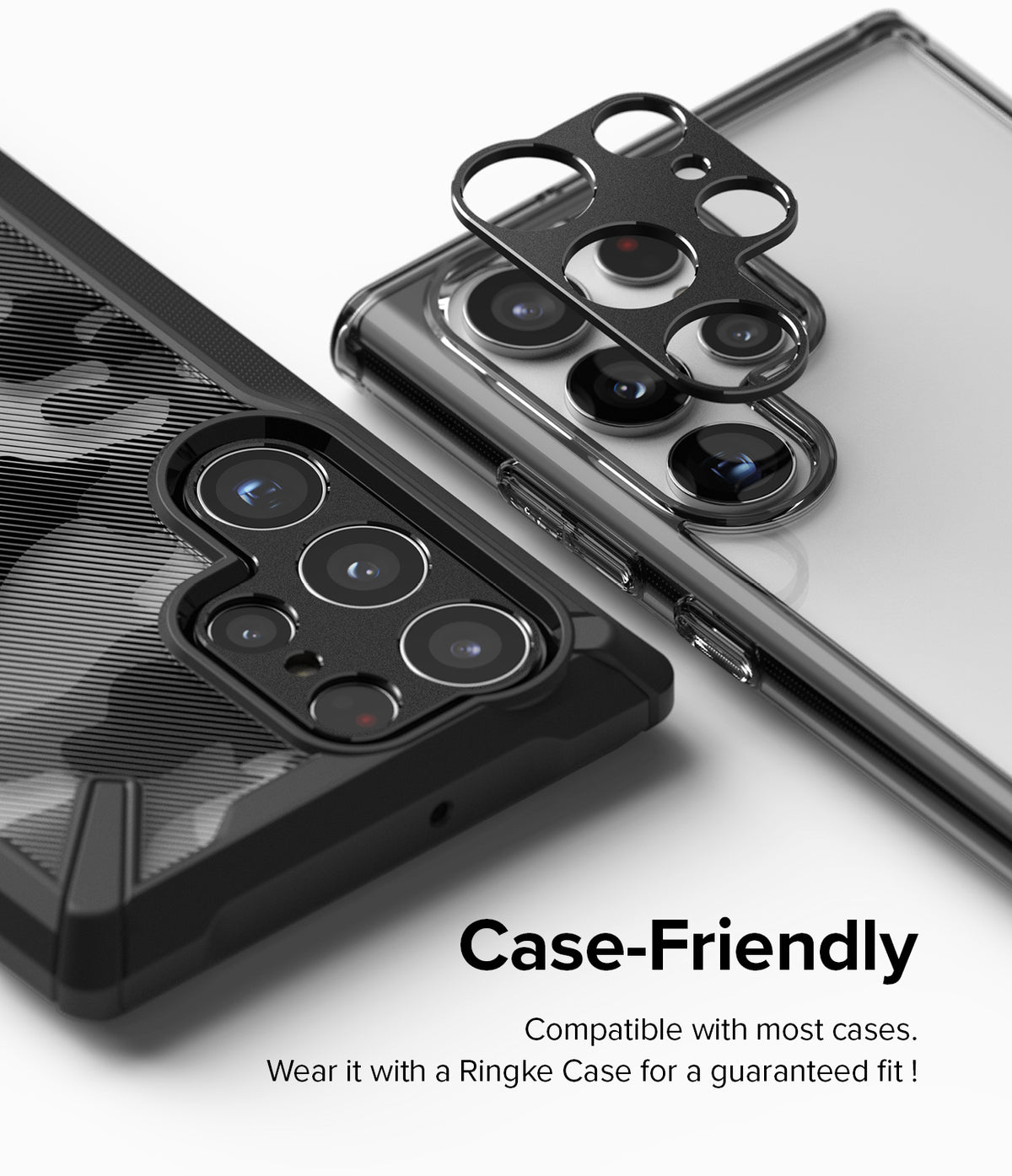 Galaxy S22 Ultra | Camera Styling - Black camera lens protector being applied to a smartphone with a clear case.