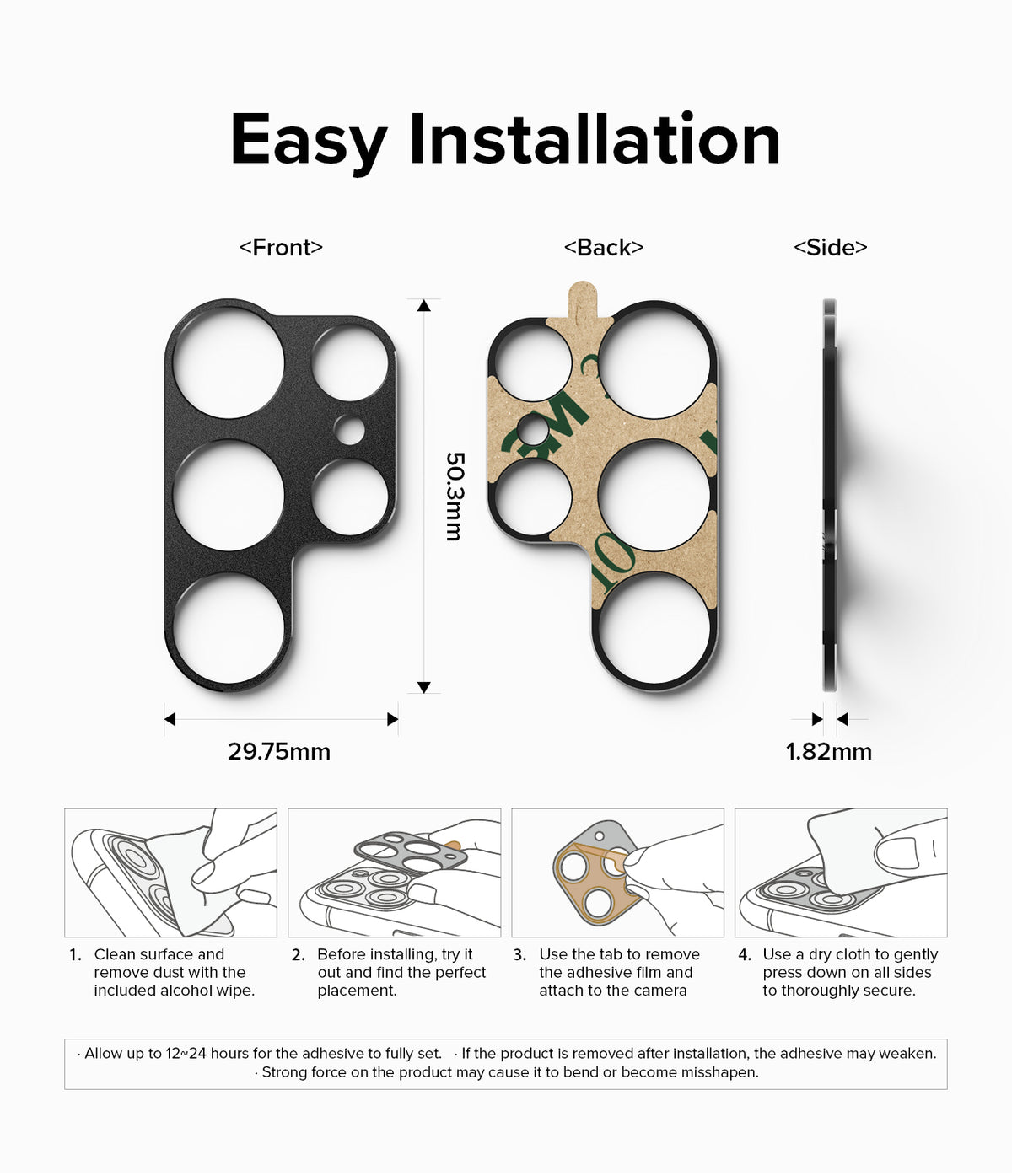 Galaxy S22 Ultra | Camera Styling - Installation guide showing dimensions and four steps to apply the camera cover.