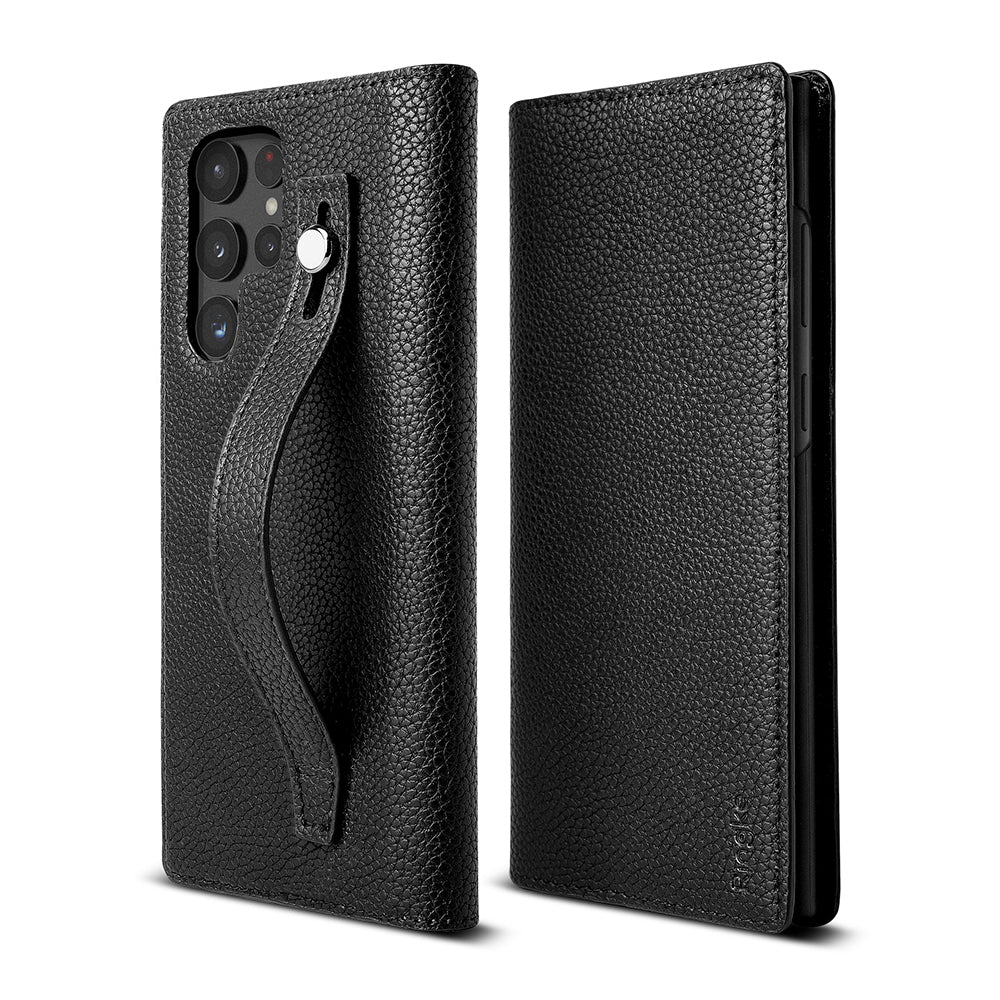 Galaxy S22 Ultra Case | Folio Signature EZ Strap - Black textured leather folio case with a wrist strap and camera cutout.