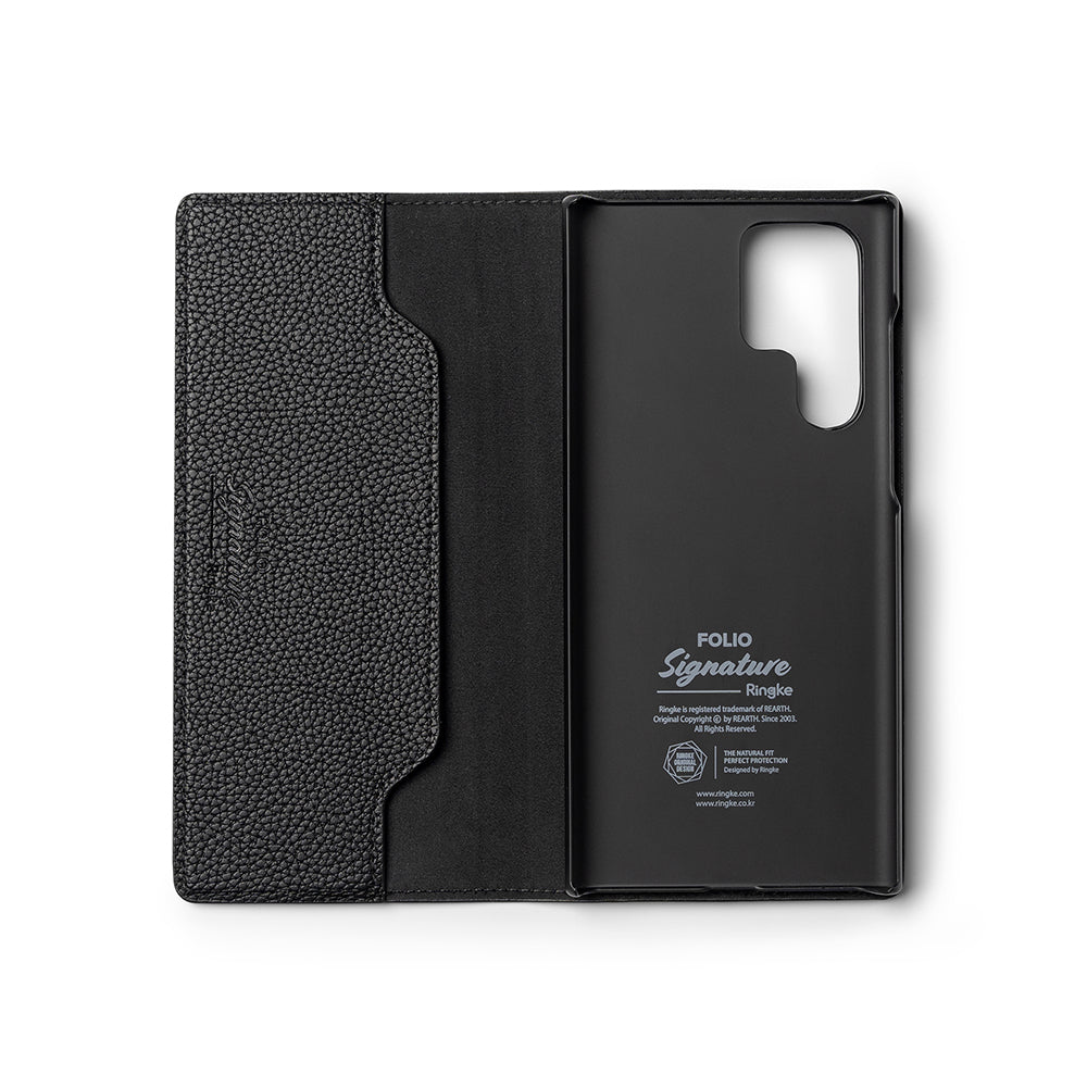 Galaxy S22 Ultra Case | Folio Signature EZ Strap - Open black leather folio case with a textured cover and phone cradle.
