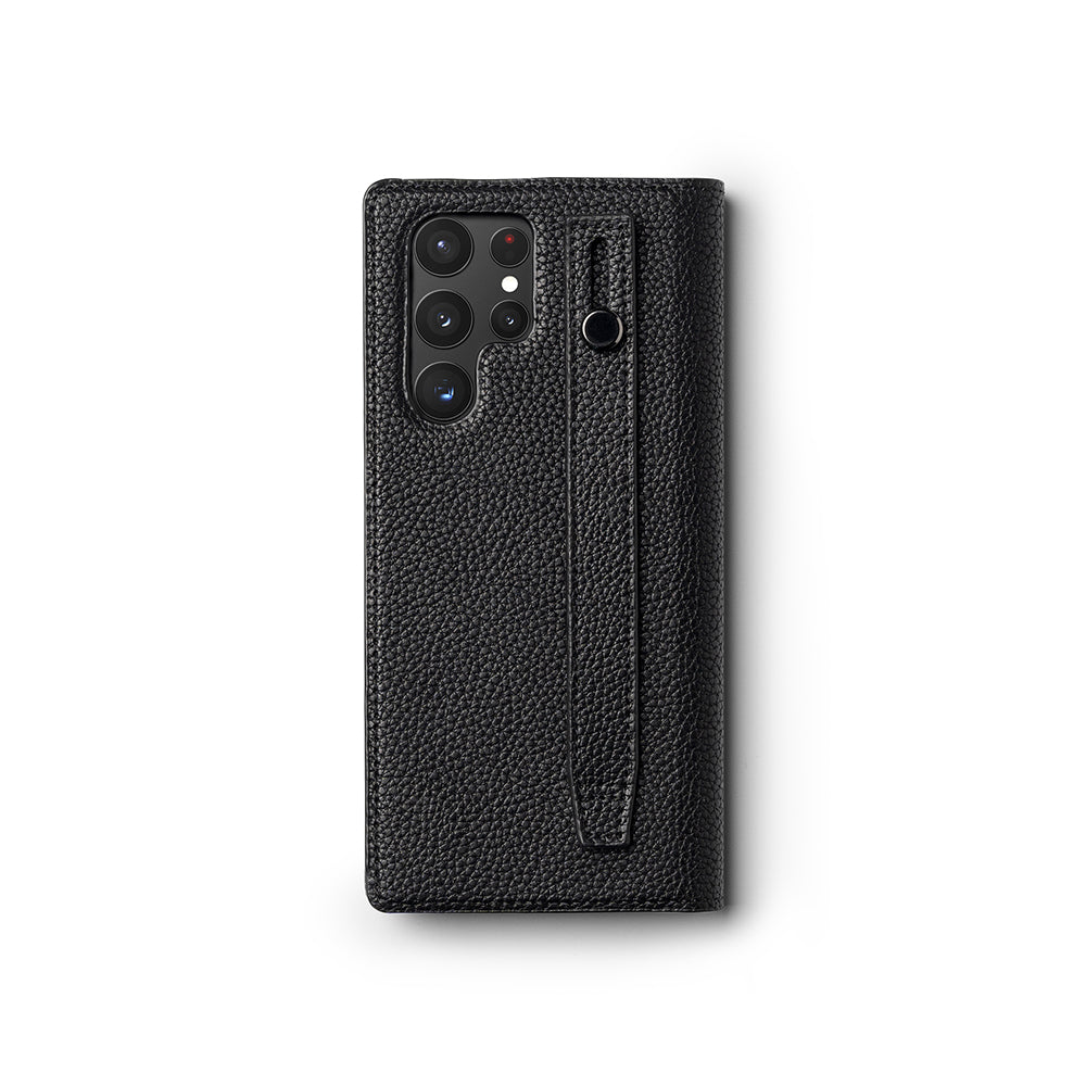 Galaxy S22 Ultra Case | Folio Signature EZ Strap - Black textured leather folio case with a vertical hand strap.