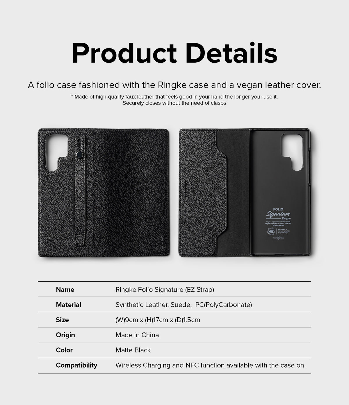 Galaxy S22 Ultra Case | Folio Signature EZ Strap - Black vegan leather folio case with strap, shown from front and back.