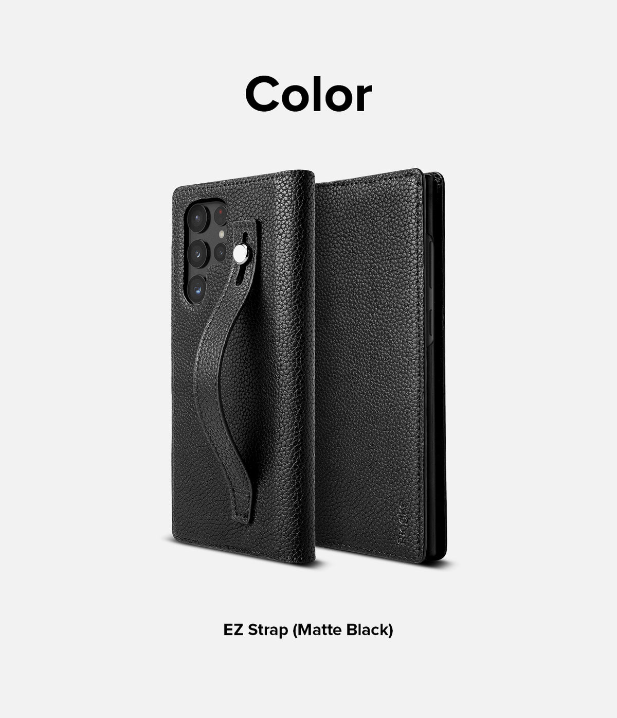 Galaxy S22 Ultra Case | Folio Signature EZ Strap - Matte black textured folio case with a wrist strap and camera cutout.