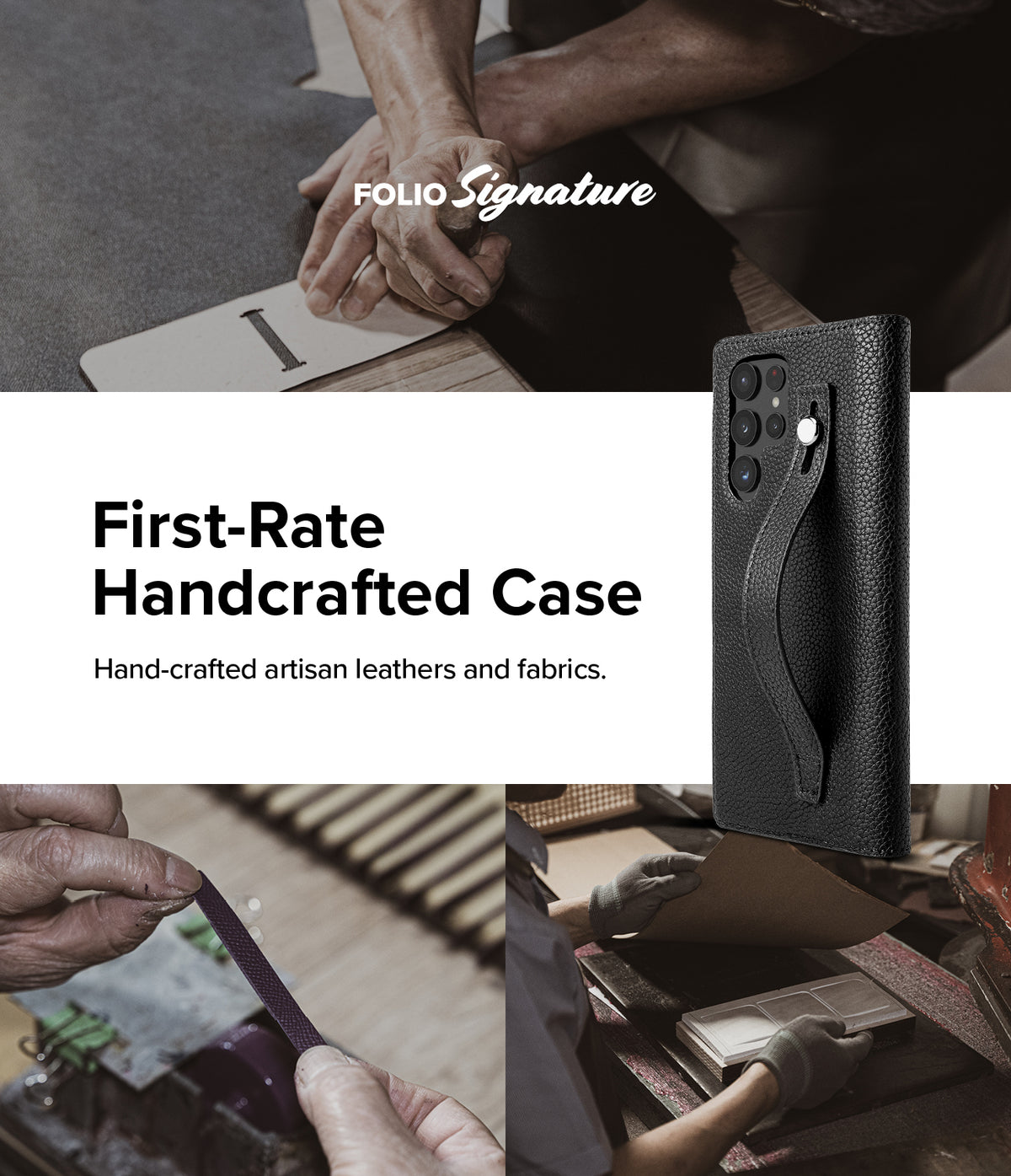 Galaxy S22 Ultra Case | Folio Signature EZ Strap - Black textured leather phone case with a wrist strap and artisan.